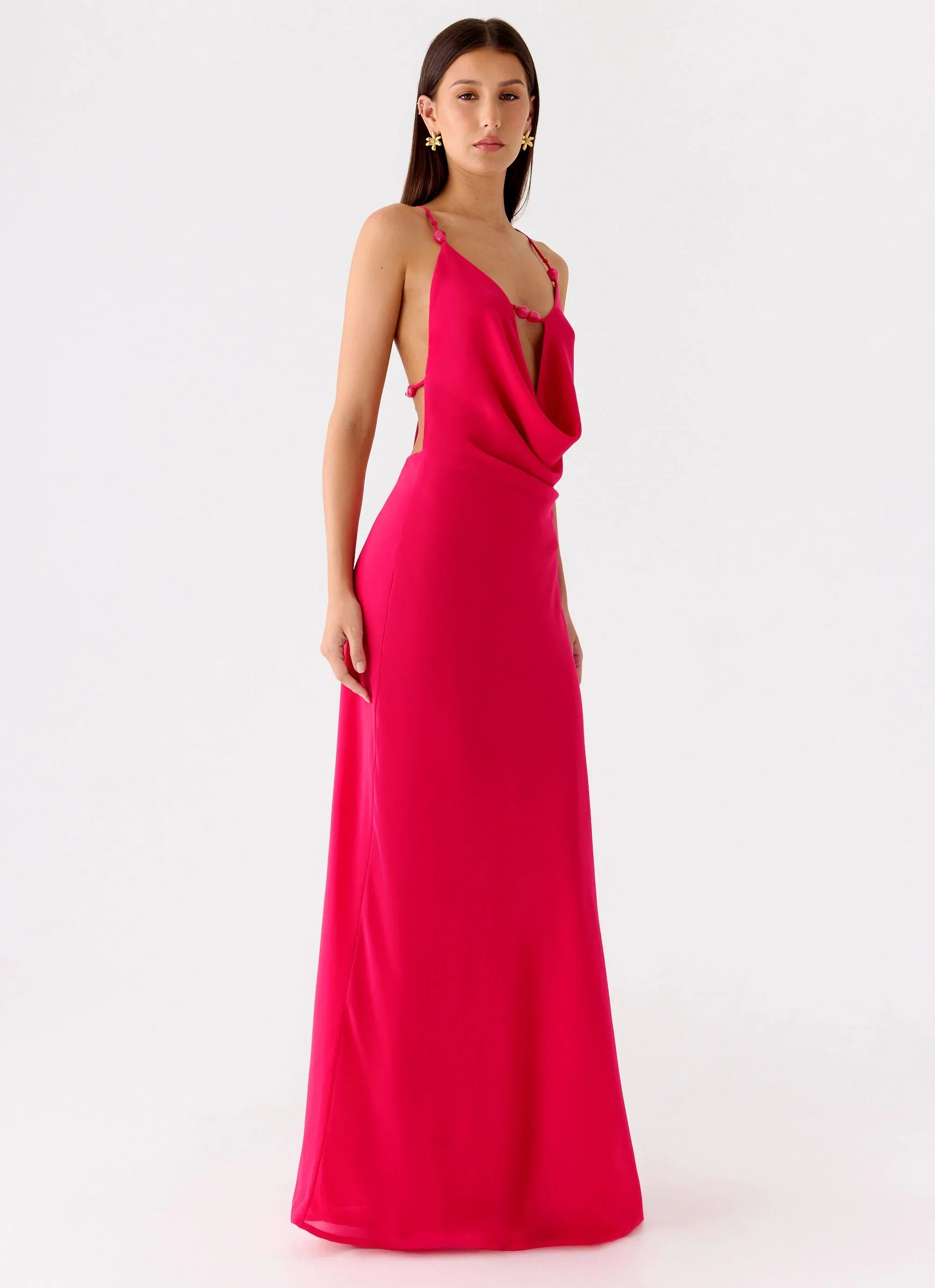 Tropic Muse Beaded Cowl Maxi Dress Fuchsia