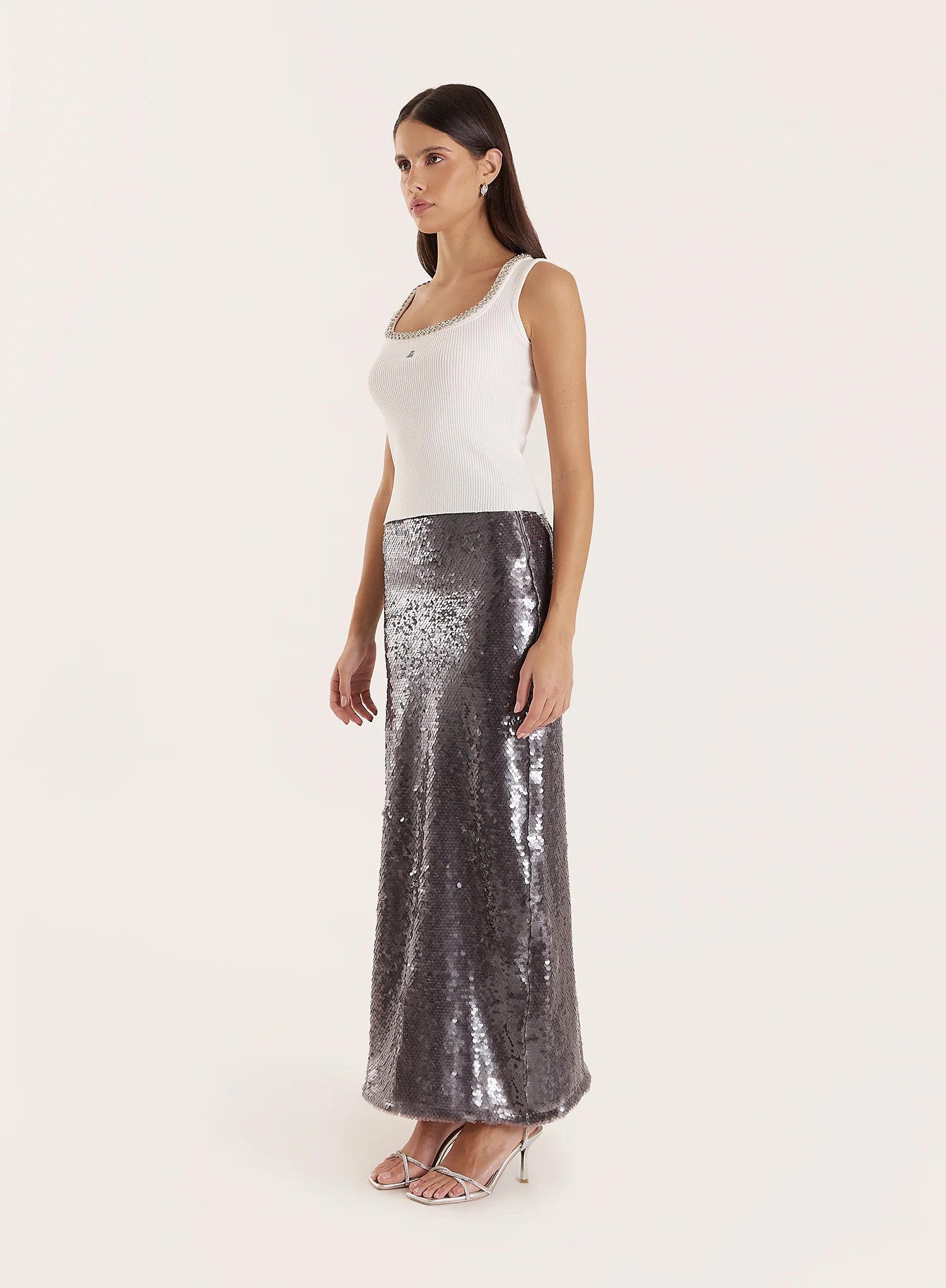 White Embellished Trim Square Neck Vest Top