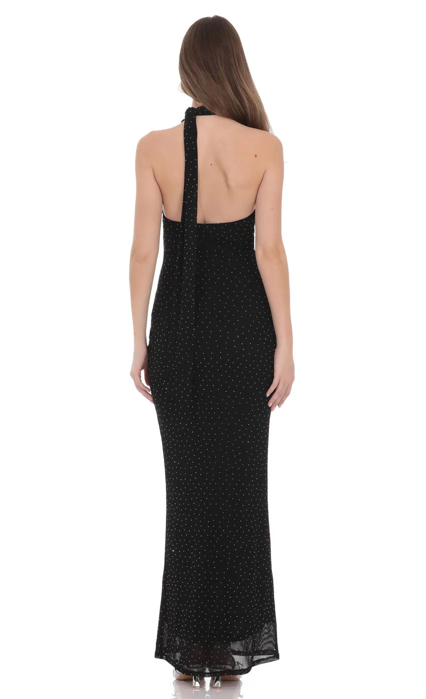 Scarf Ribbed Rhinestone Maxi Dress in Black