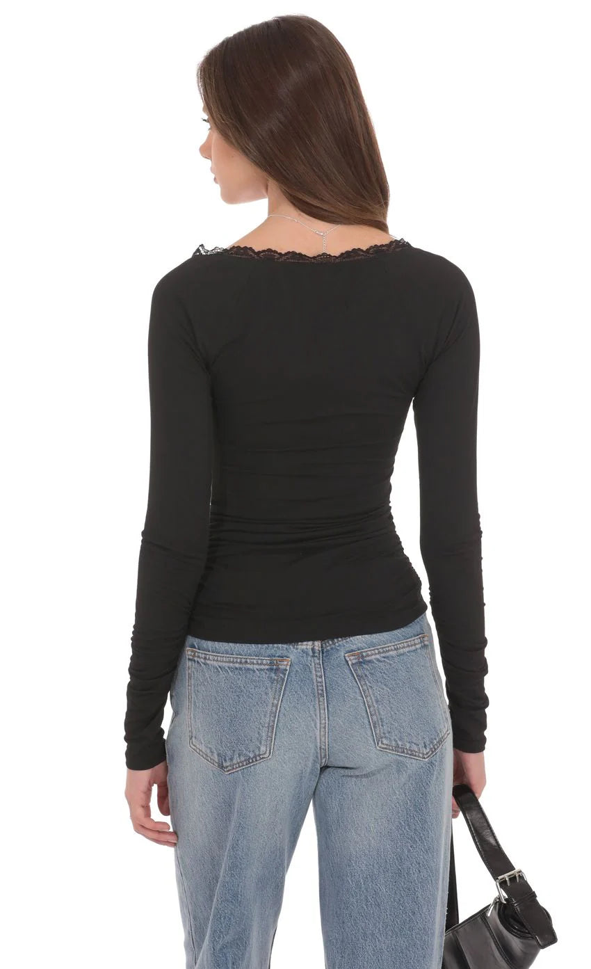 Lace Trim Long Sleeve Top in Black