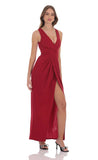V Neck Slit Maxi Dress in Red