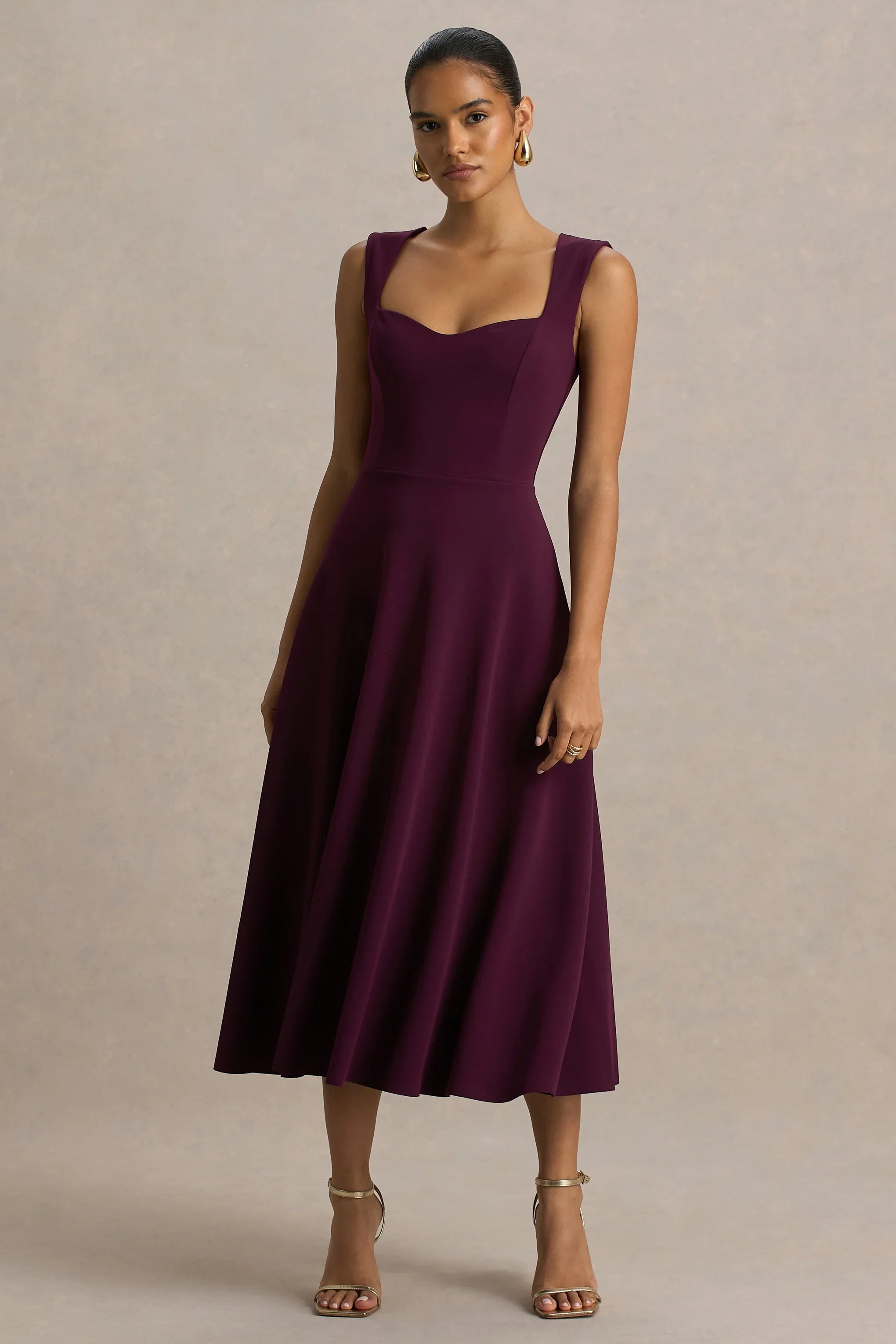 Andromeda Burgundy Sweetheart Neck Midi Dress