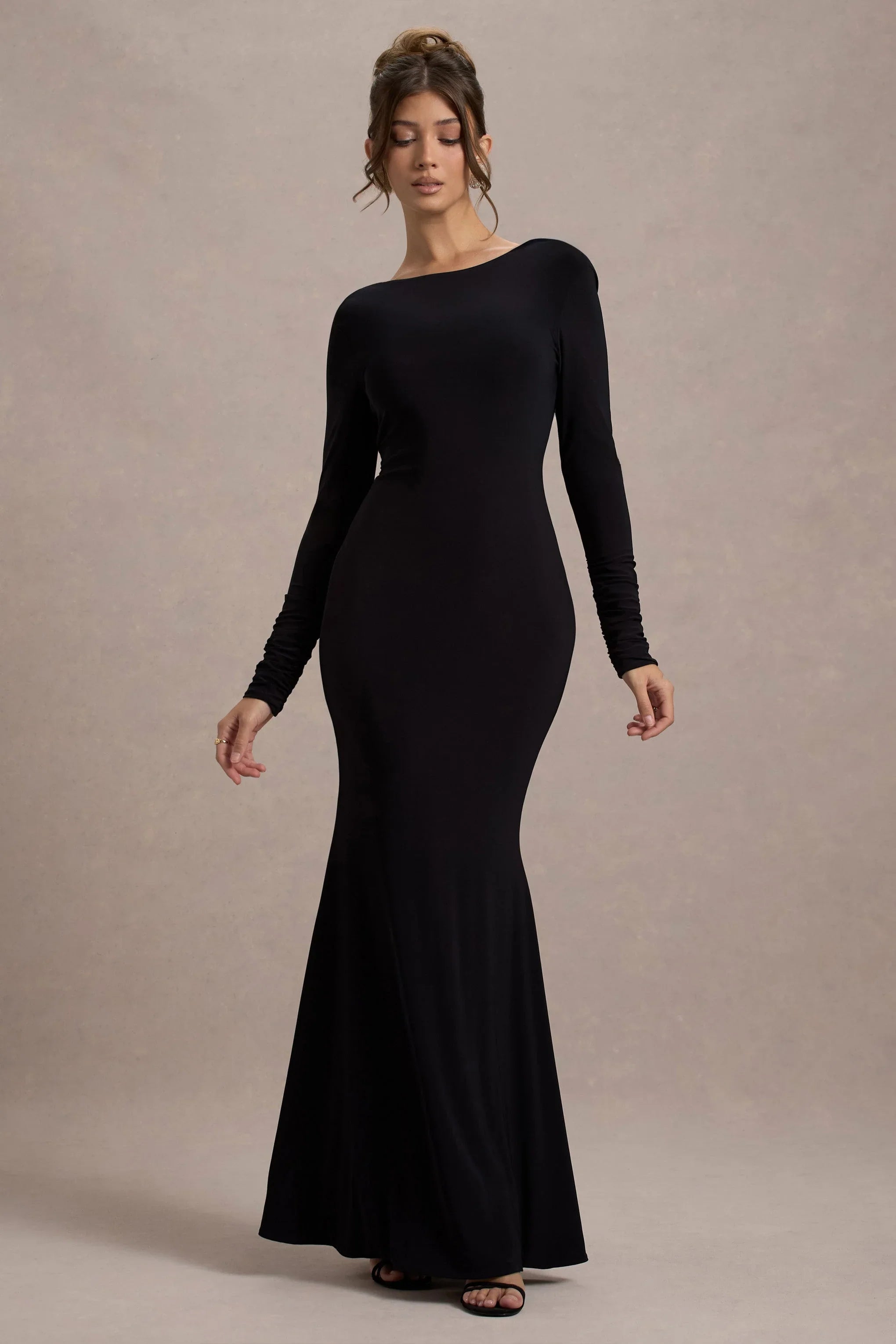 Rosalee Black Long Sleeve Cowl Back Maxi Dress With Bows