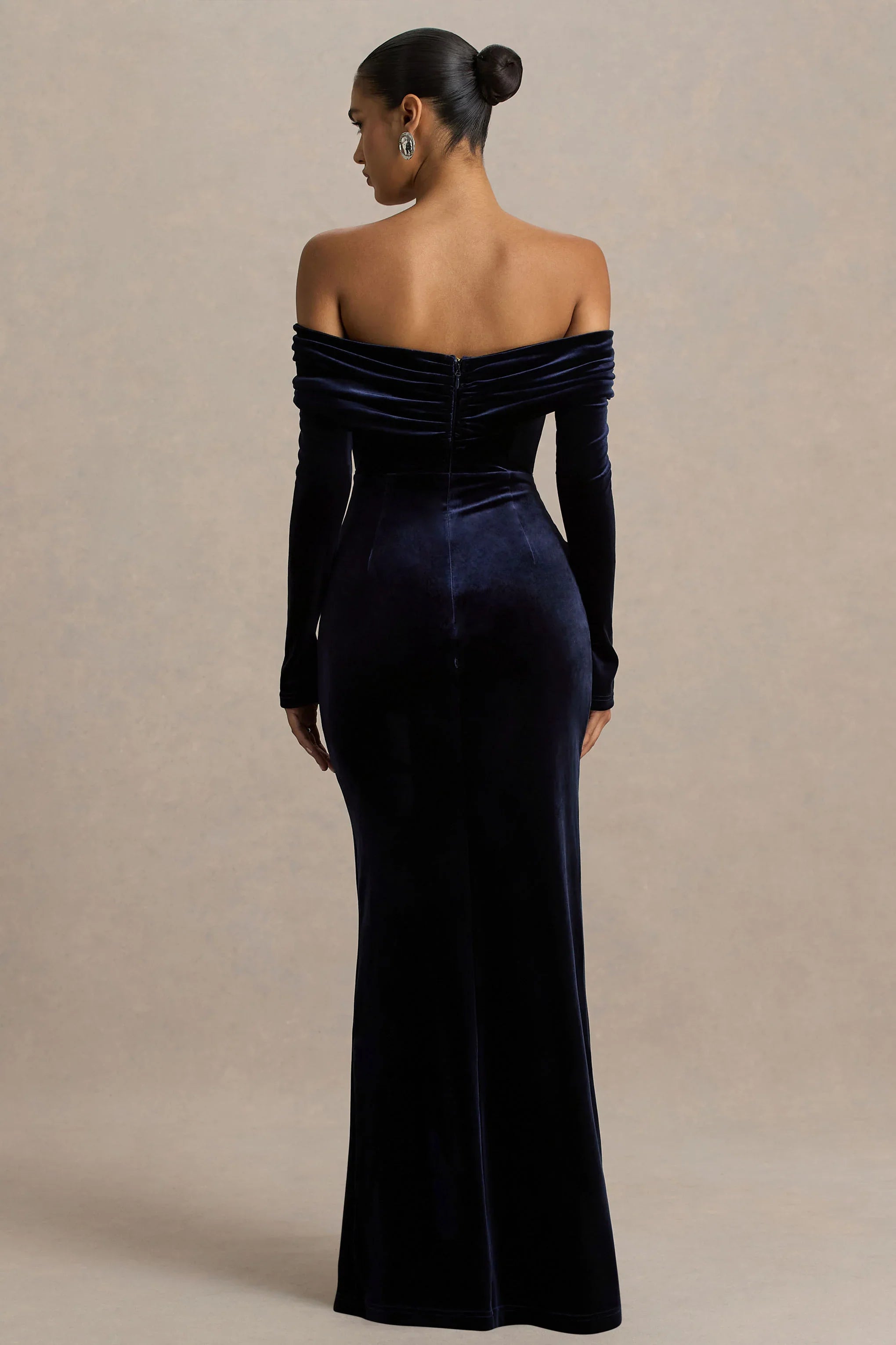Countess Navy Velvet Bardot Neck Wrapped Maxi Dress With Front High Split