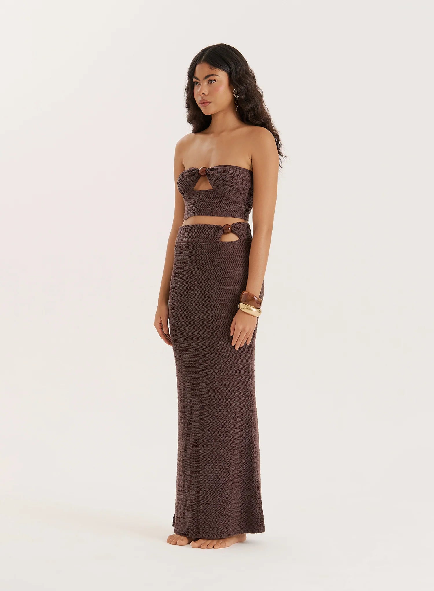 Brown Knitted Bead Detail Bandeau Top