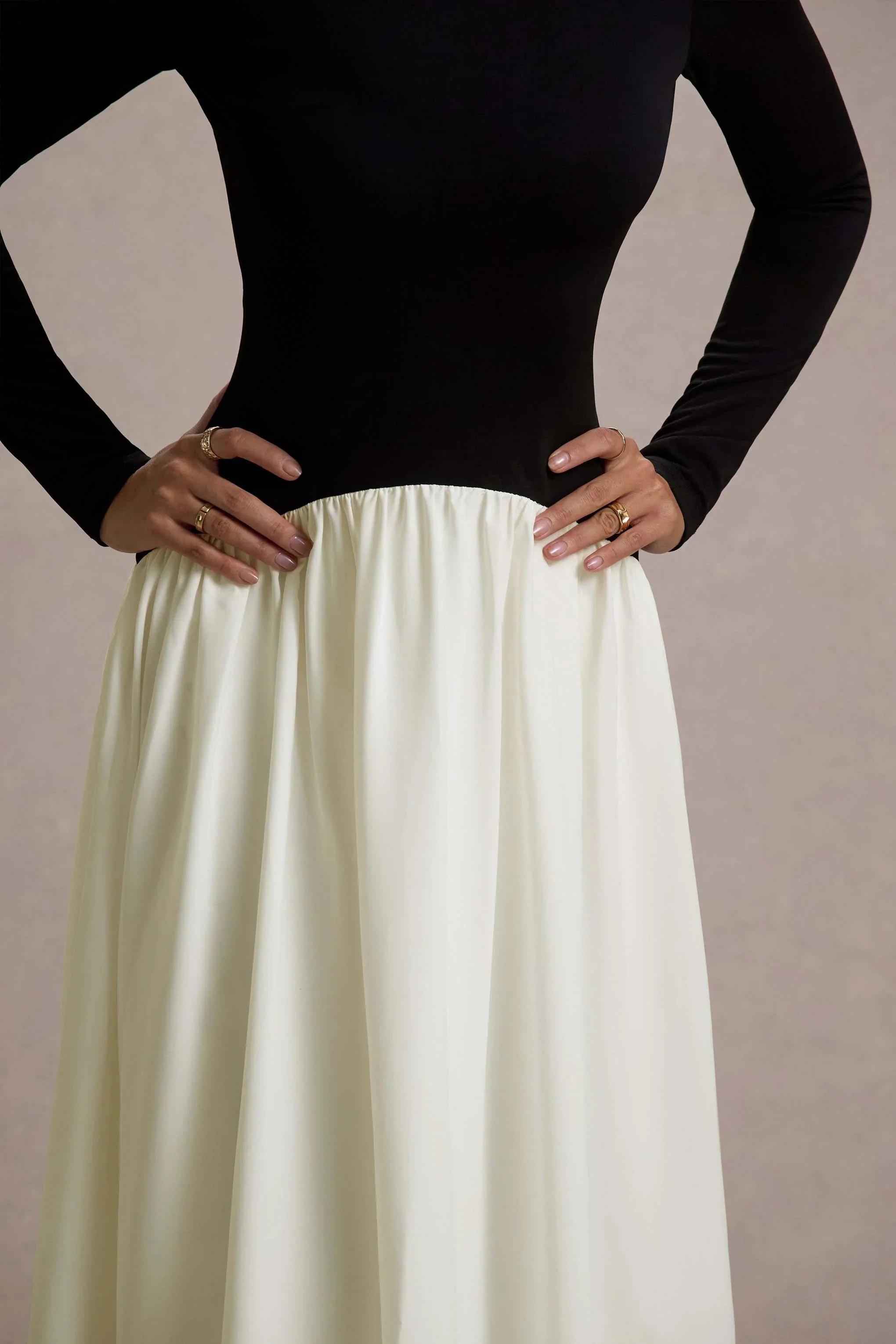 Benedetta Black Cream Long Sleeve Drop Waist Maxi Dress