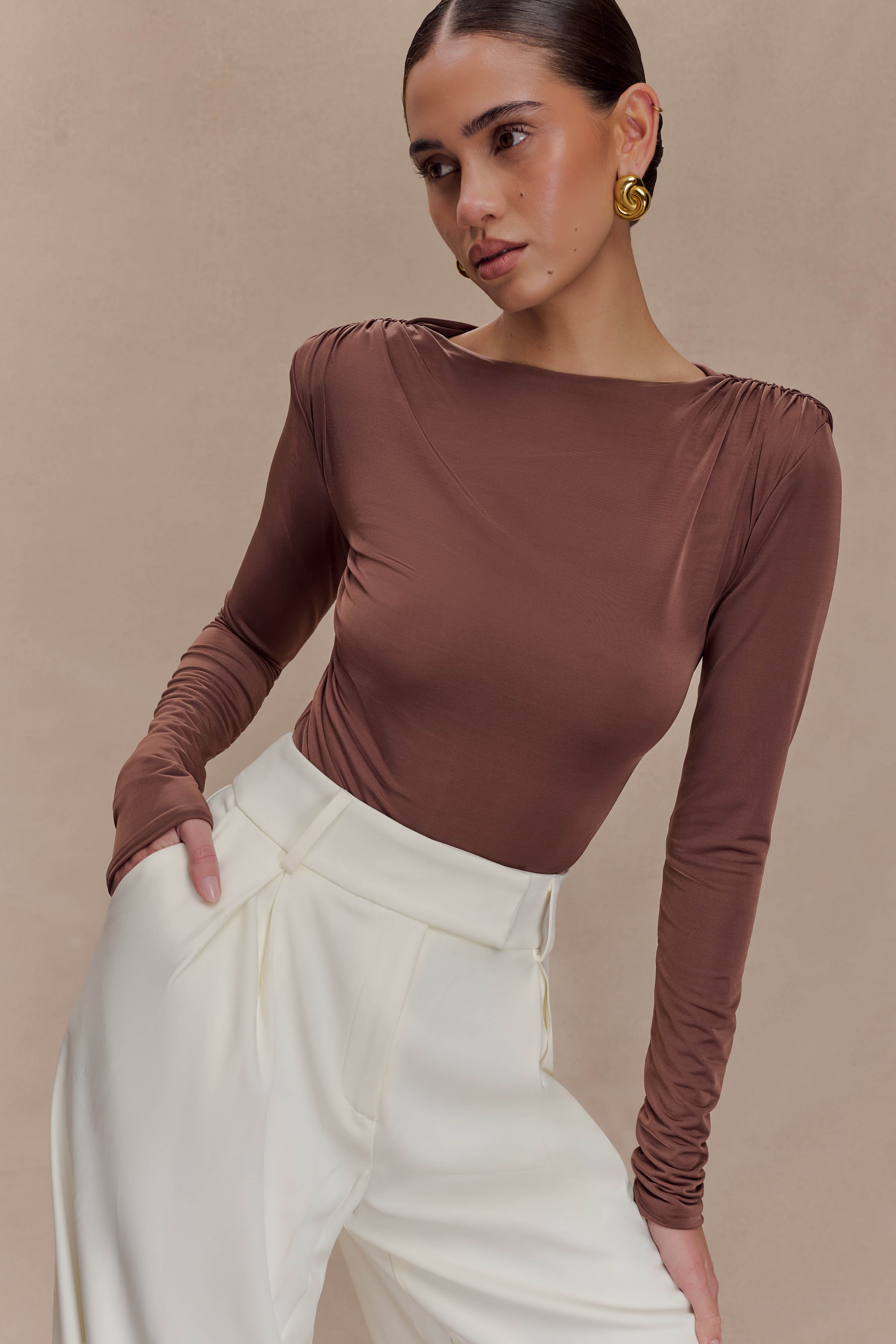 Elsie Shoulder Pad Bodysuit Chocolate