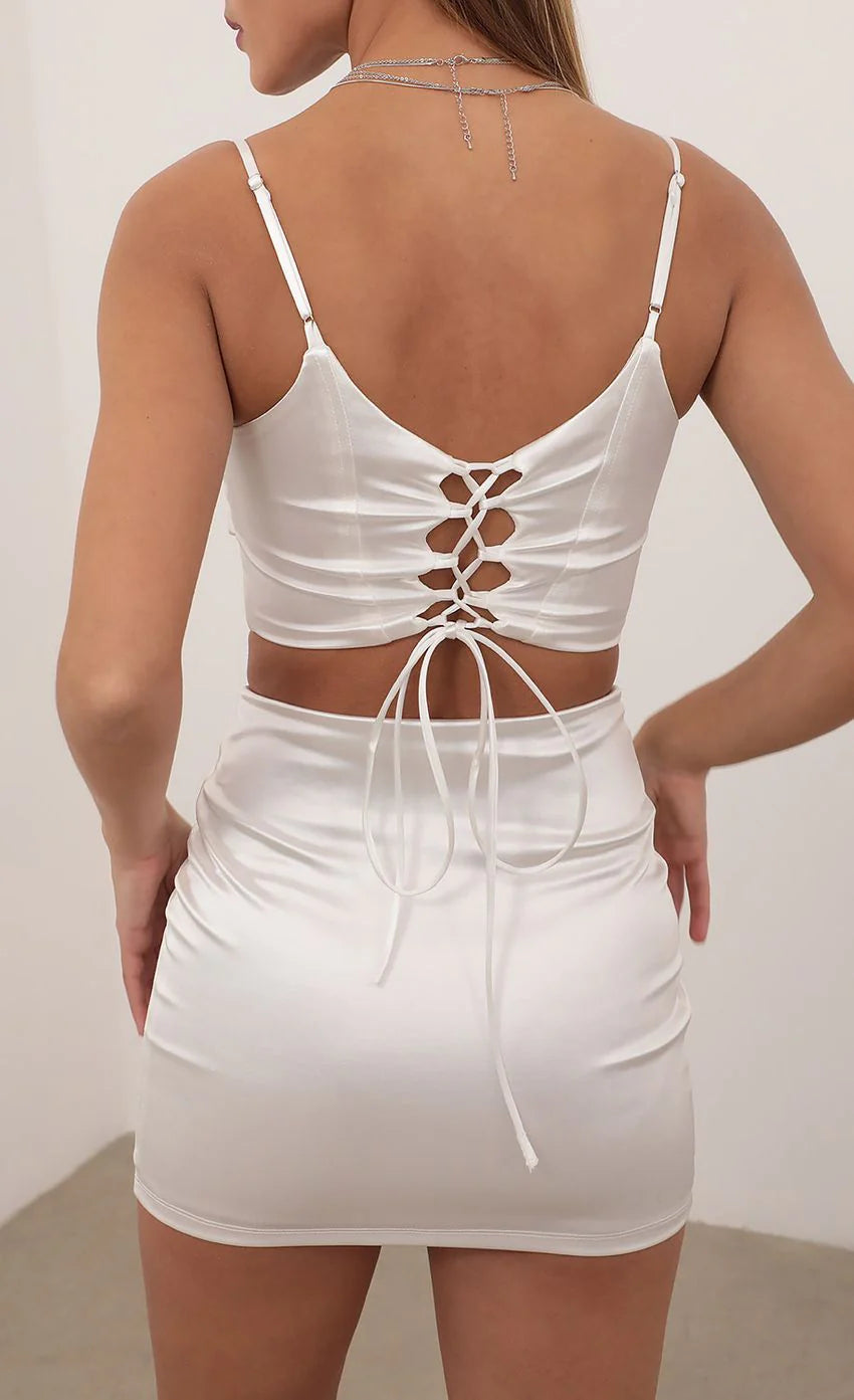 Two Piece Satin Set in White