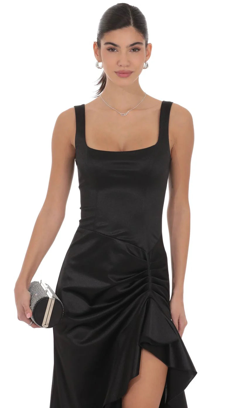 Satin Ruched Ruffle Slit Maxi Dress in Black