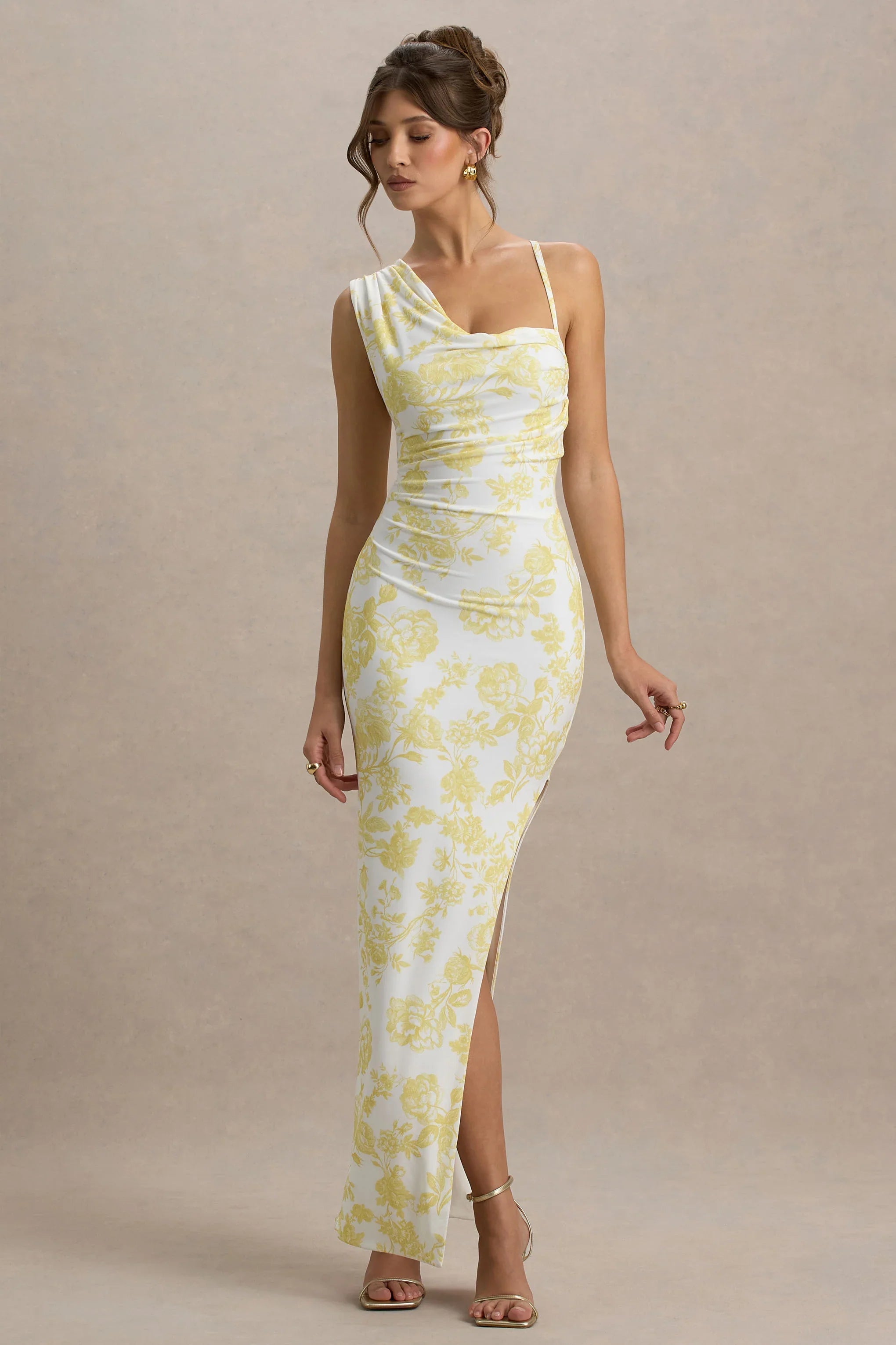 Sitara Lemon Porcelain Print Cowl Neck Maxi Dress With Asymmetric Skirt
