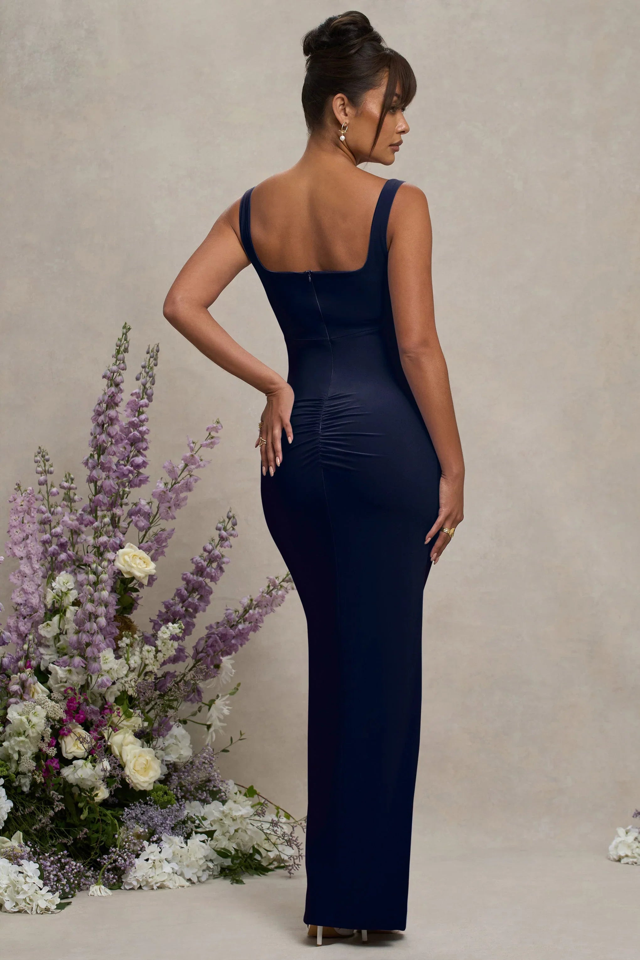 Avril Navy Square Neck Maternity Maxi Dress with Split