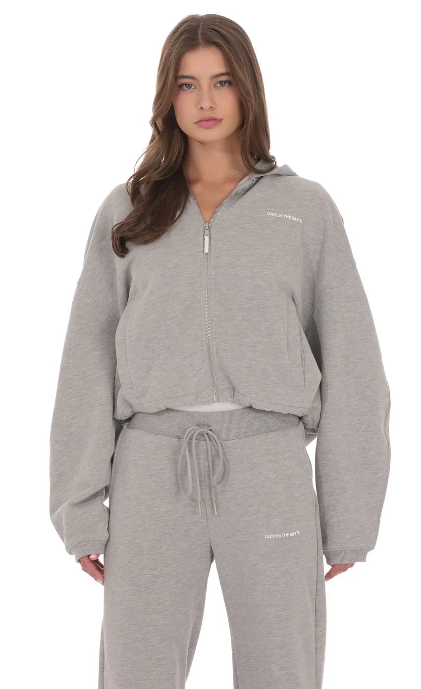 Cropped Fleece Zip Up Hoodie in Grey