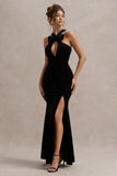 Mystery Black Velvet Plunge Halter Neck Split Maxi Dress With Bow