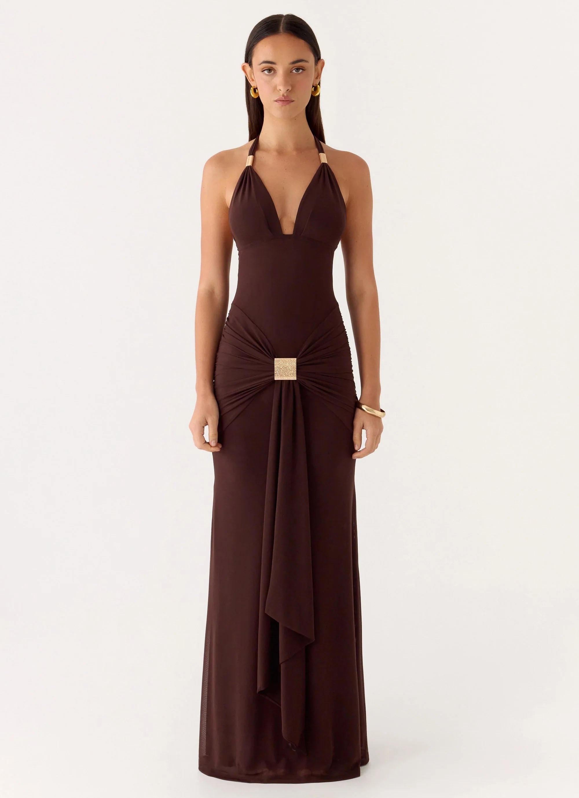 Miyah Halter Hardware Maxi Dress Chocolate