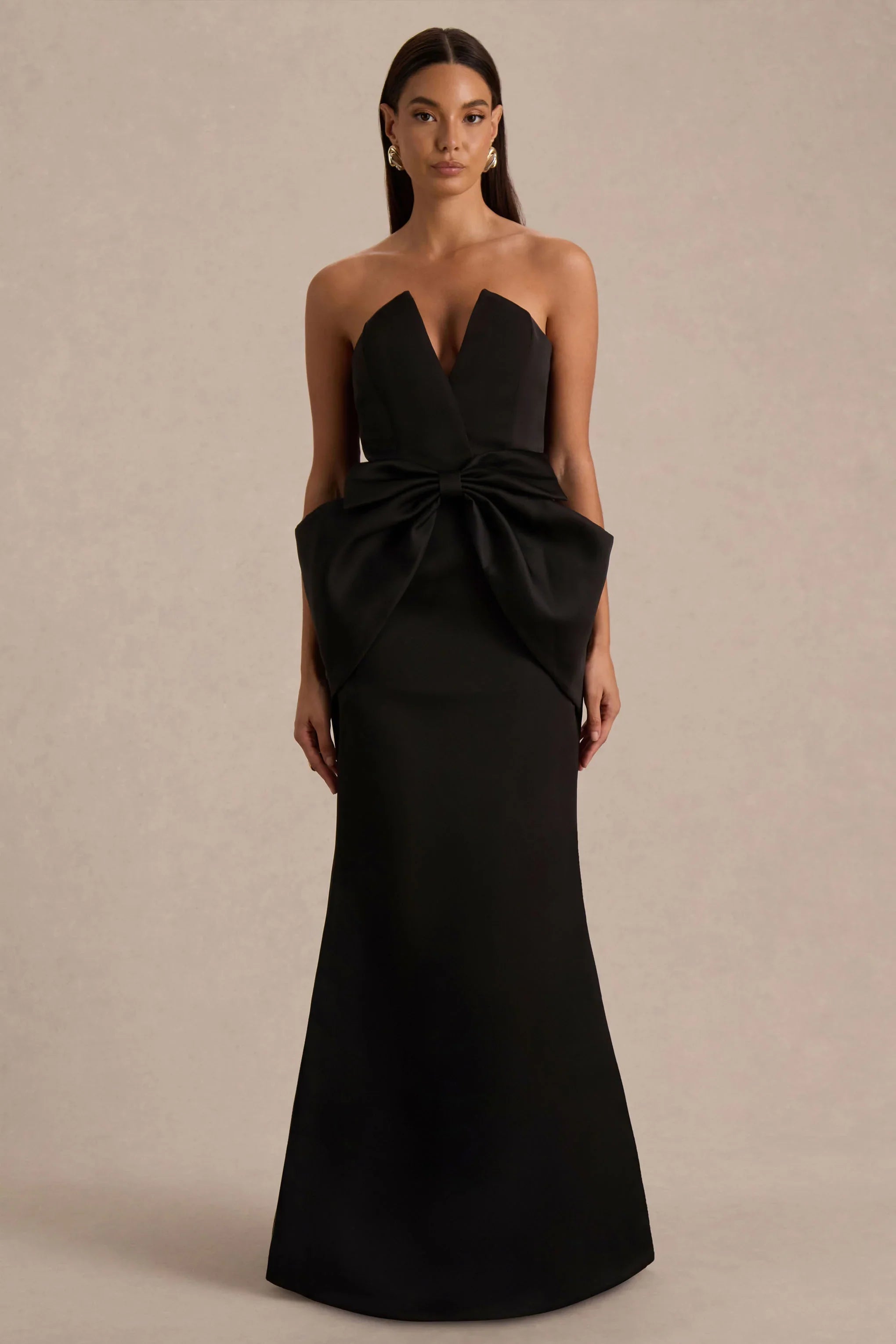 Sonata Black Satin Bandeau Maxi Dress With Bow Detail