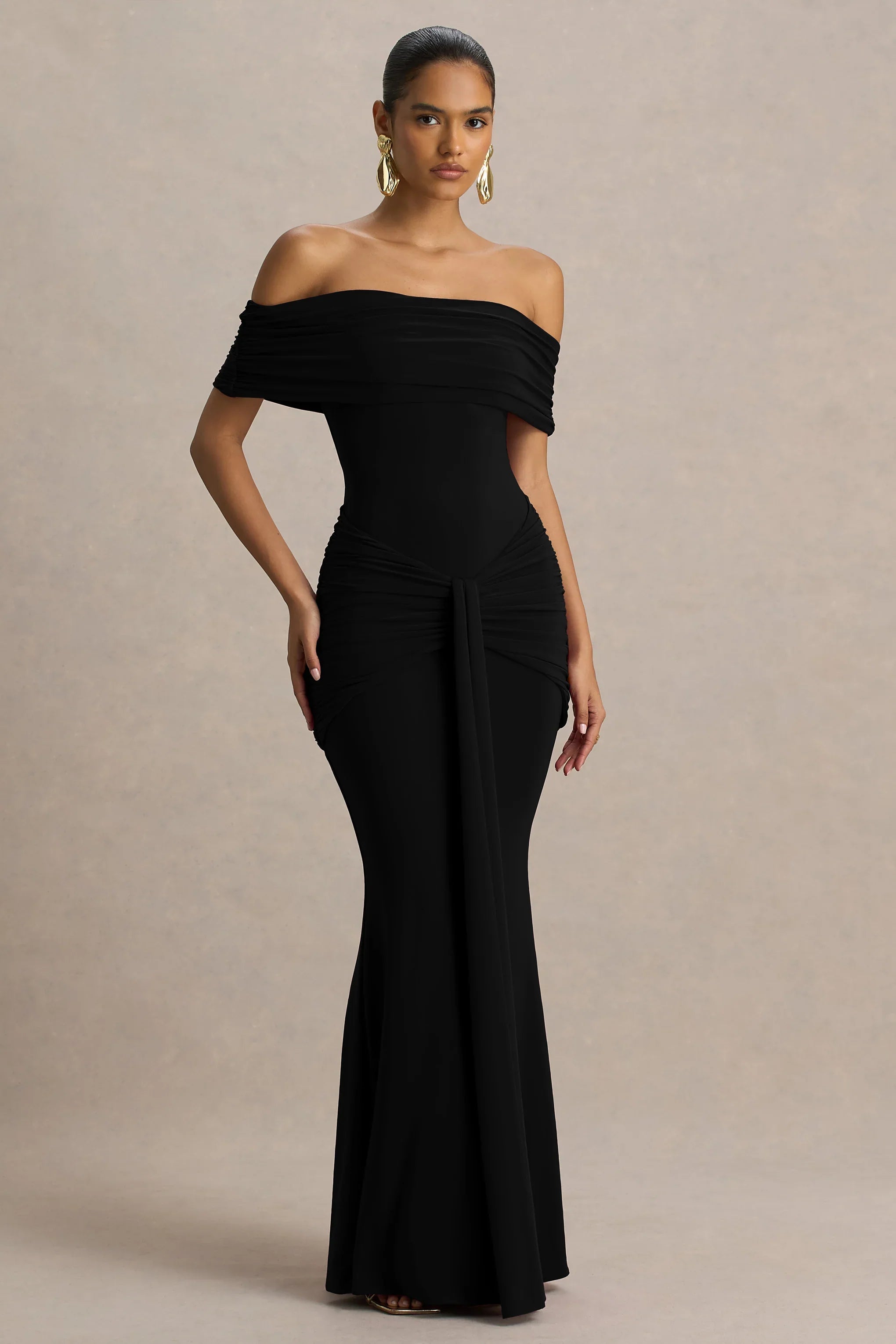 Envisioned Black Bardot Neck Maxi Dress With Gathered And Drape Detail