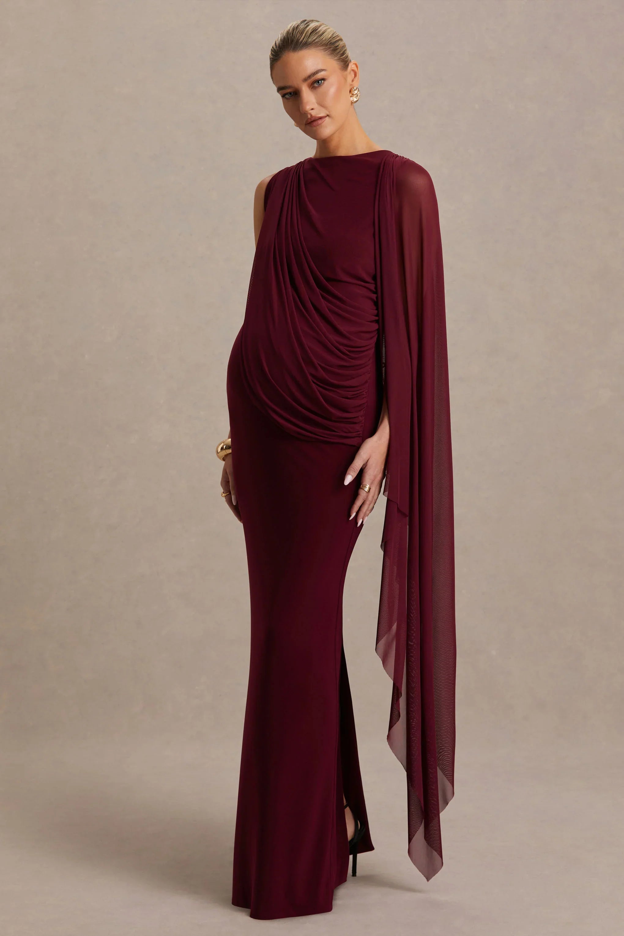 Cristina Burgundy Slashed Neck Maternity Maxi Dress With Cape Sleeve