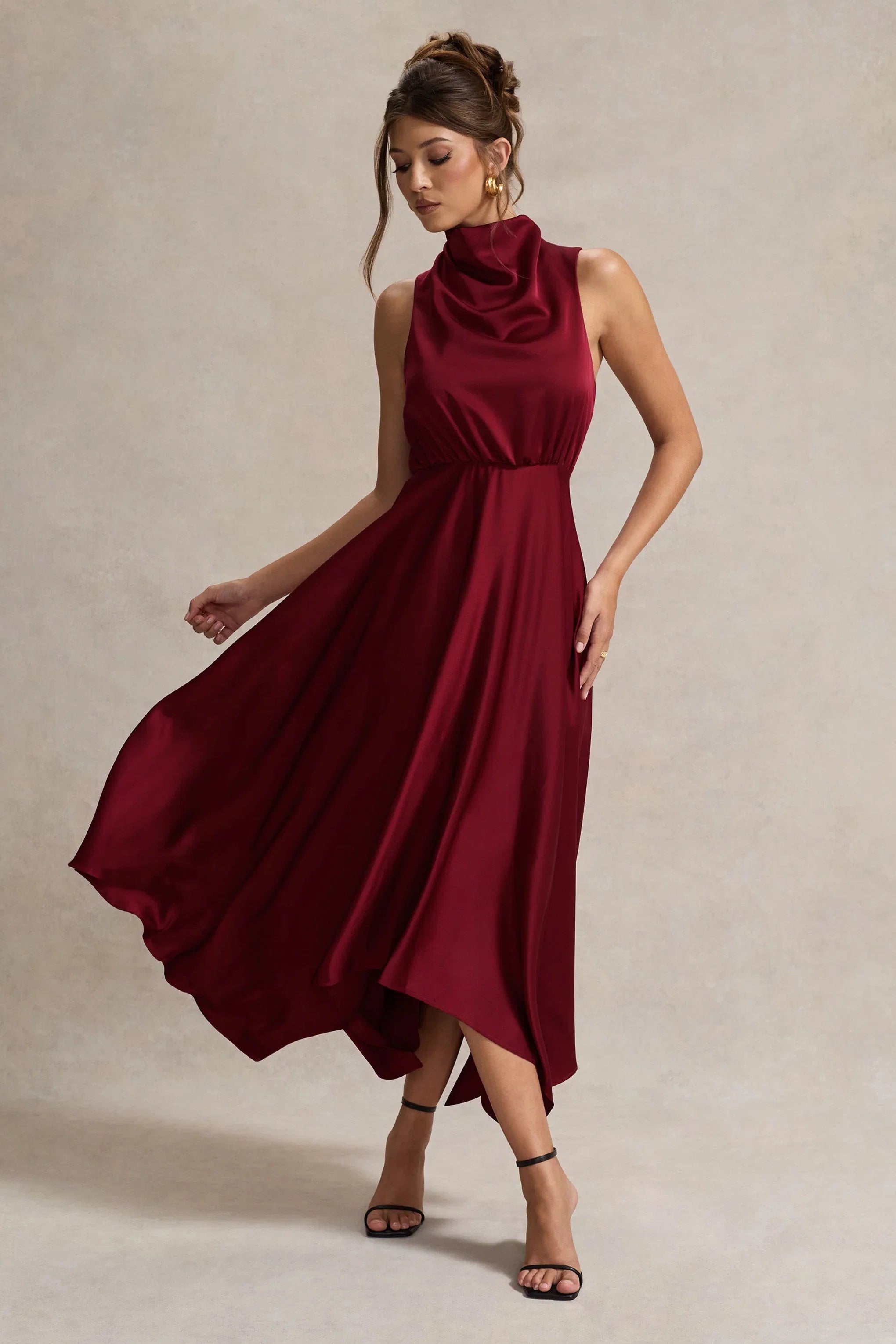Kerri Berry Satin Cowl Neck Maxi Dress