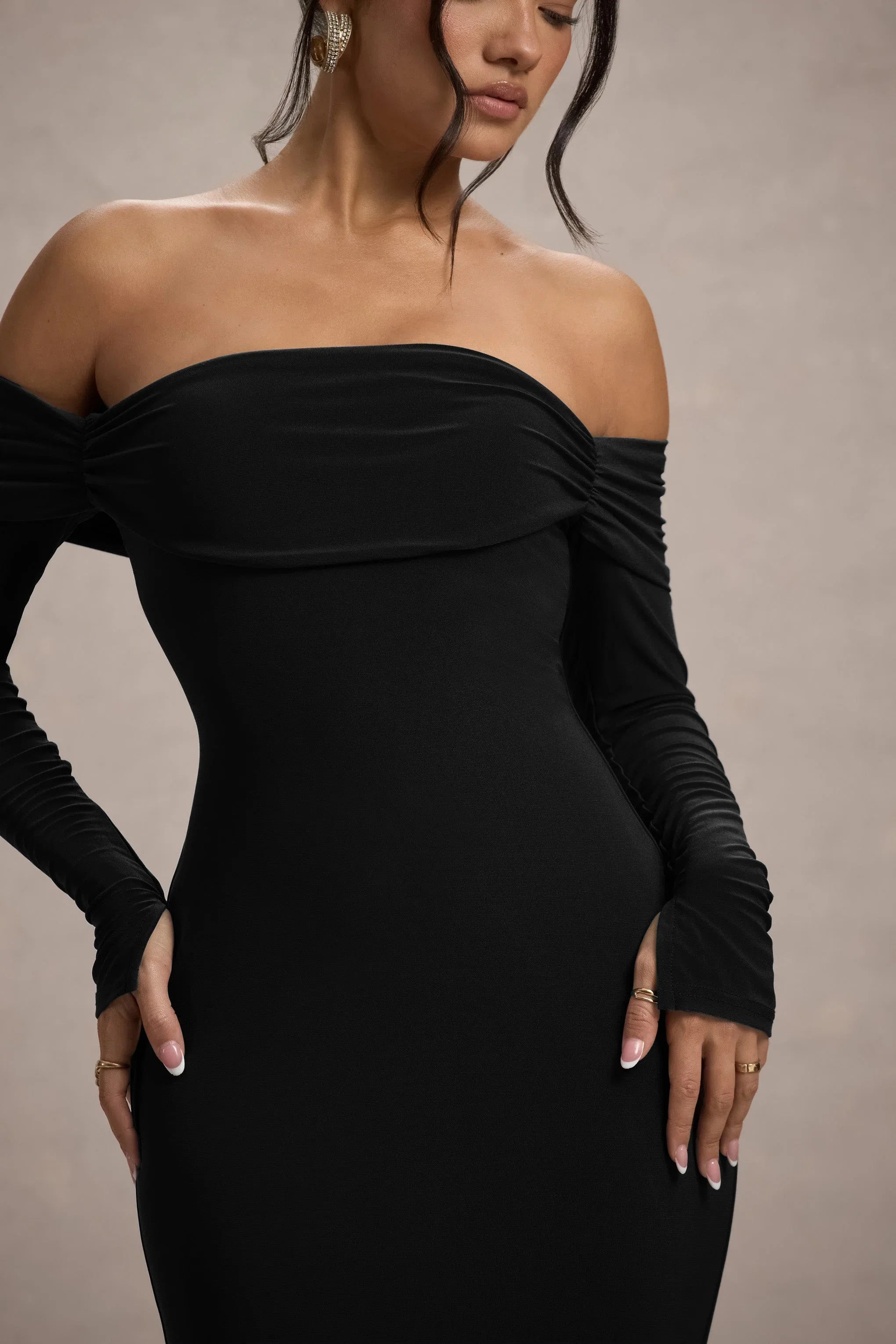 Amaia Black Bardot Long Sleeve Maxi Dress