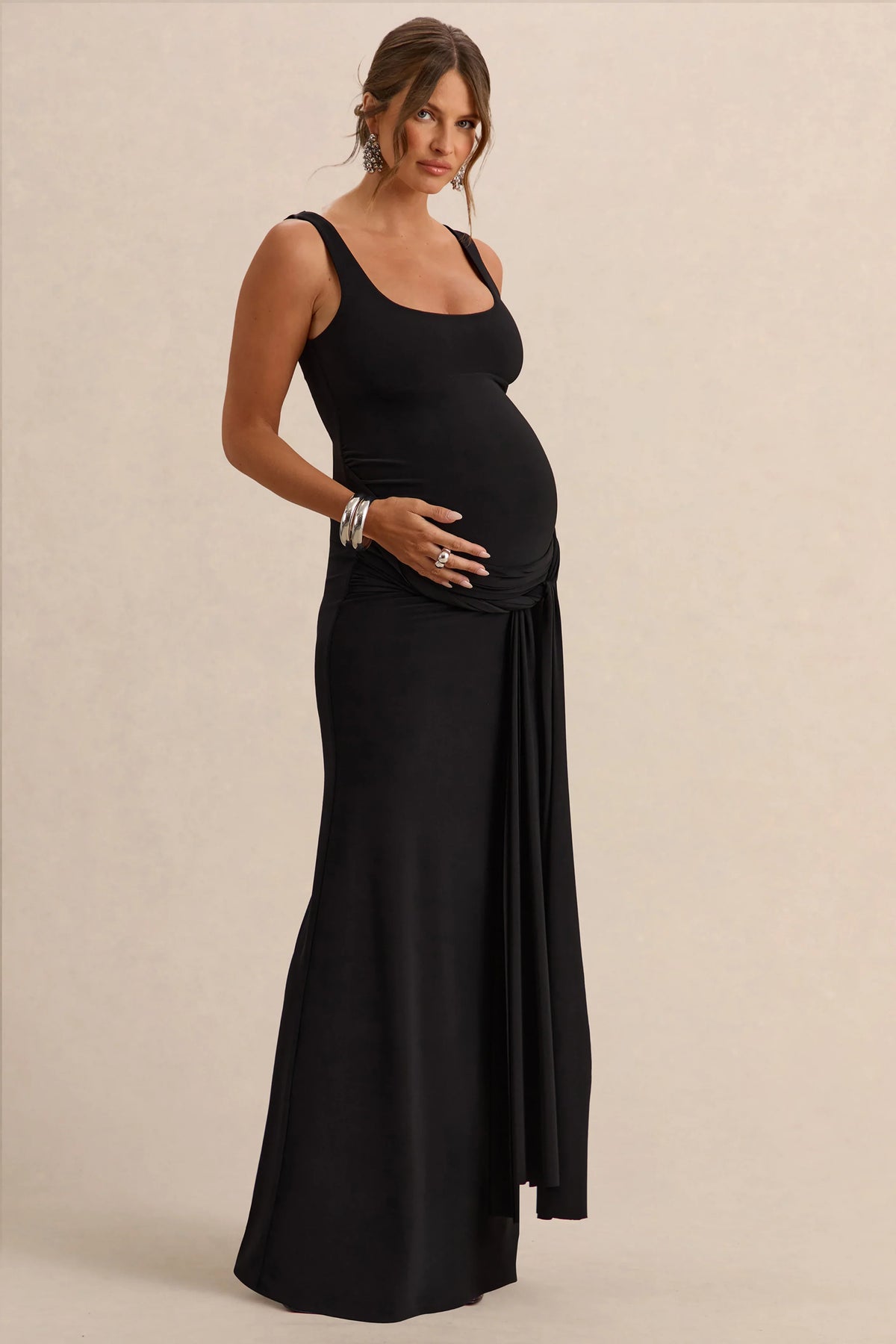 Felise Black Scoop Neck Maternity Maxi Dress With Gathered Detailing