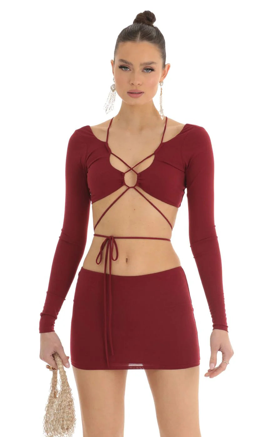 Cutout Two Piece Skirt Set in Red