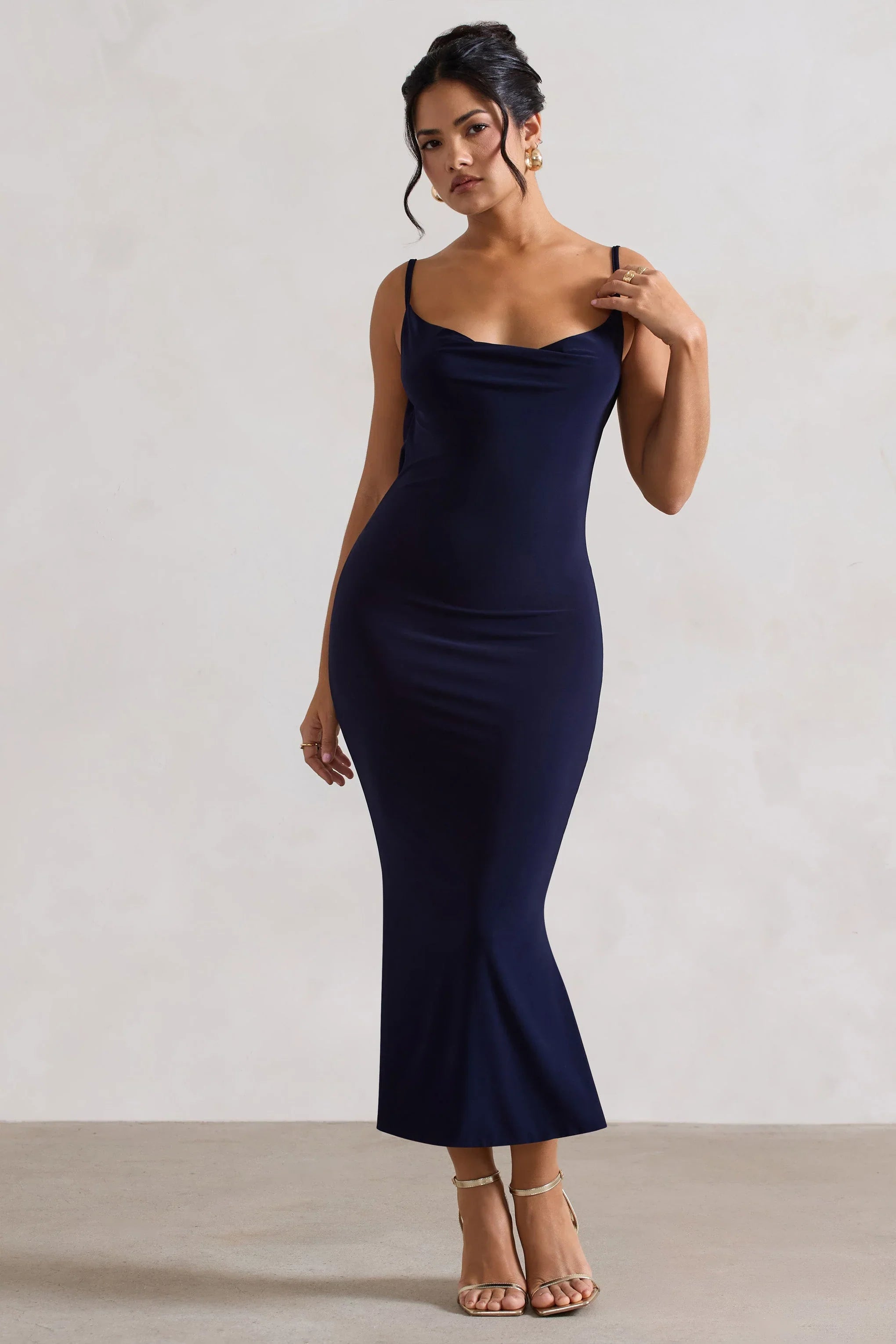 Addison Navy Cowl Neck Open Back Midi Dress With Lace