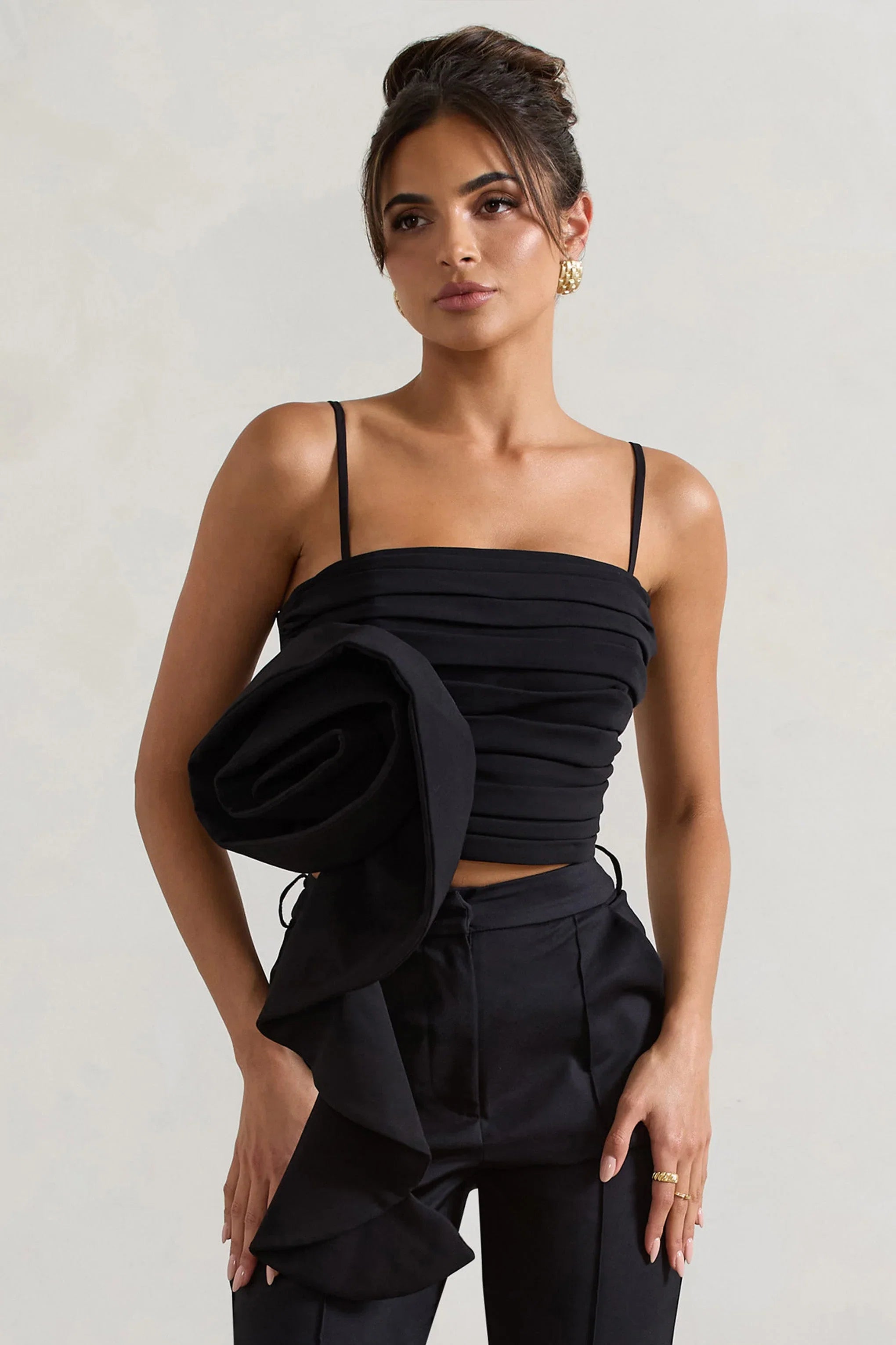 Whirlwind Black Strappy Top With Oversized Ruffle Detail