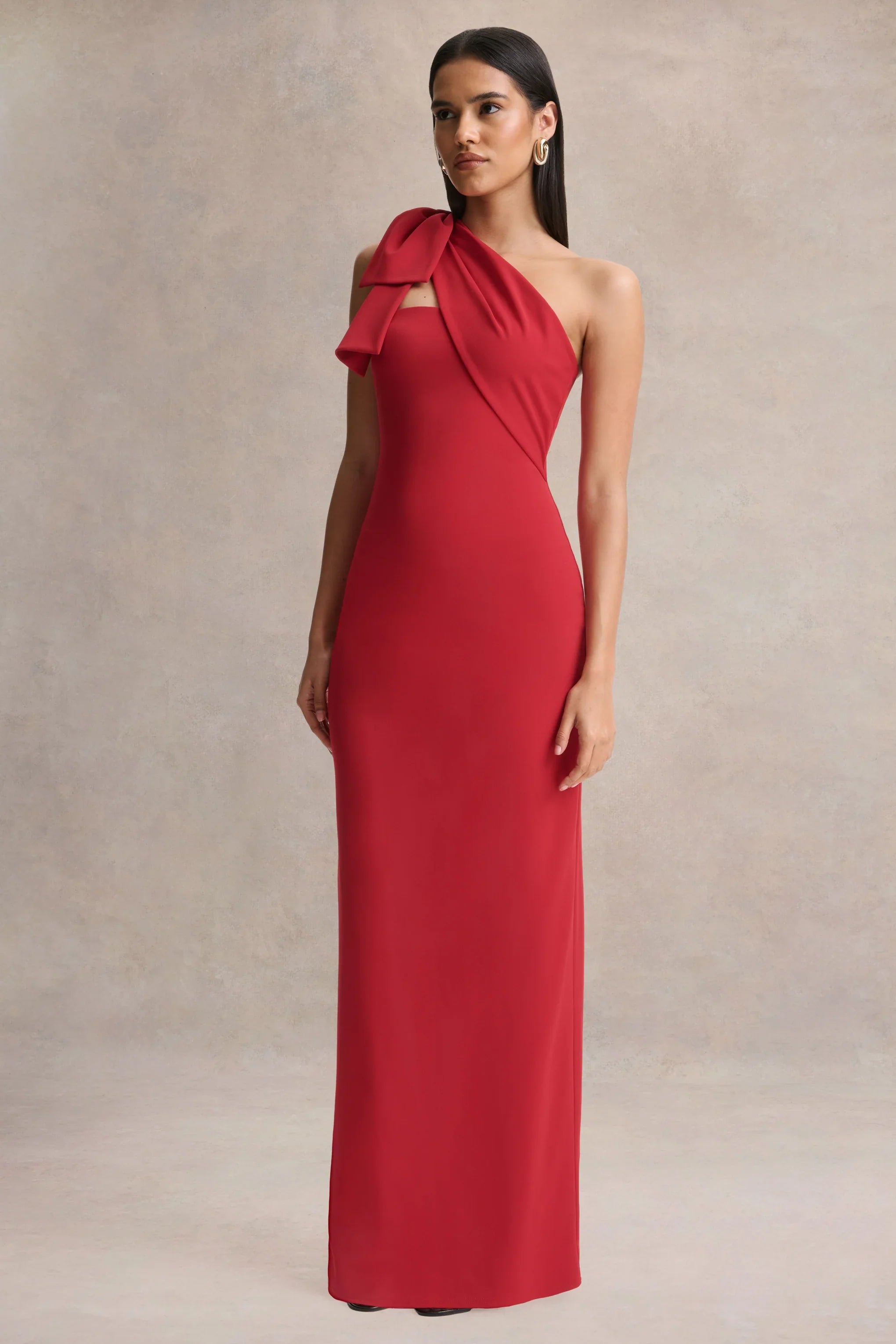 Adara Red Asymmetric Neck Maxi Dress With Bow Detail