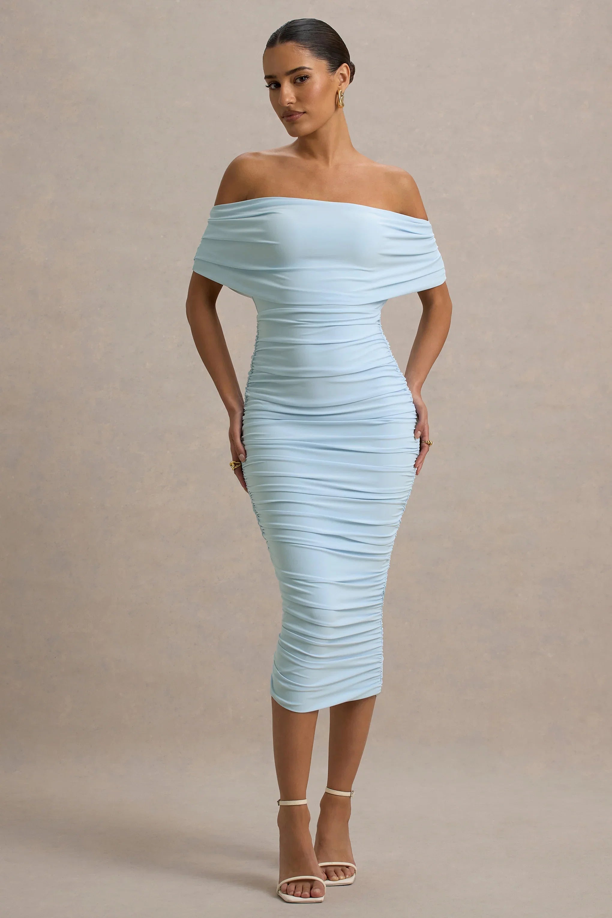 Rayleigh Powder Blue Bardot Ruched Midi Dress