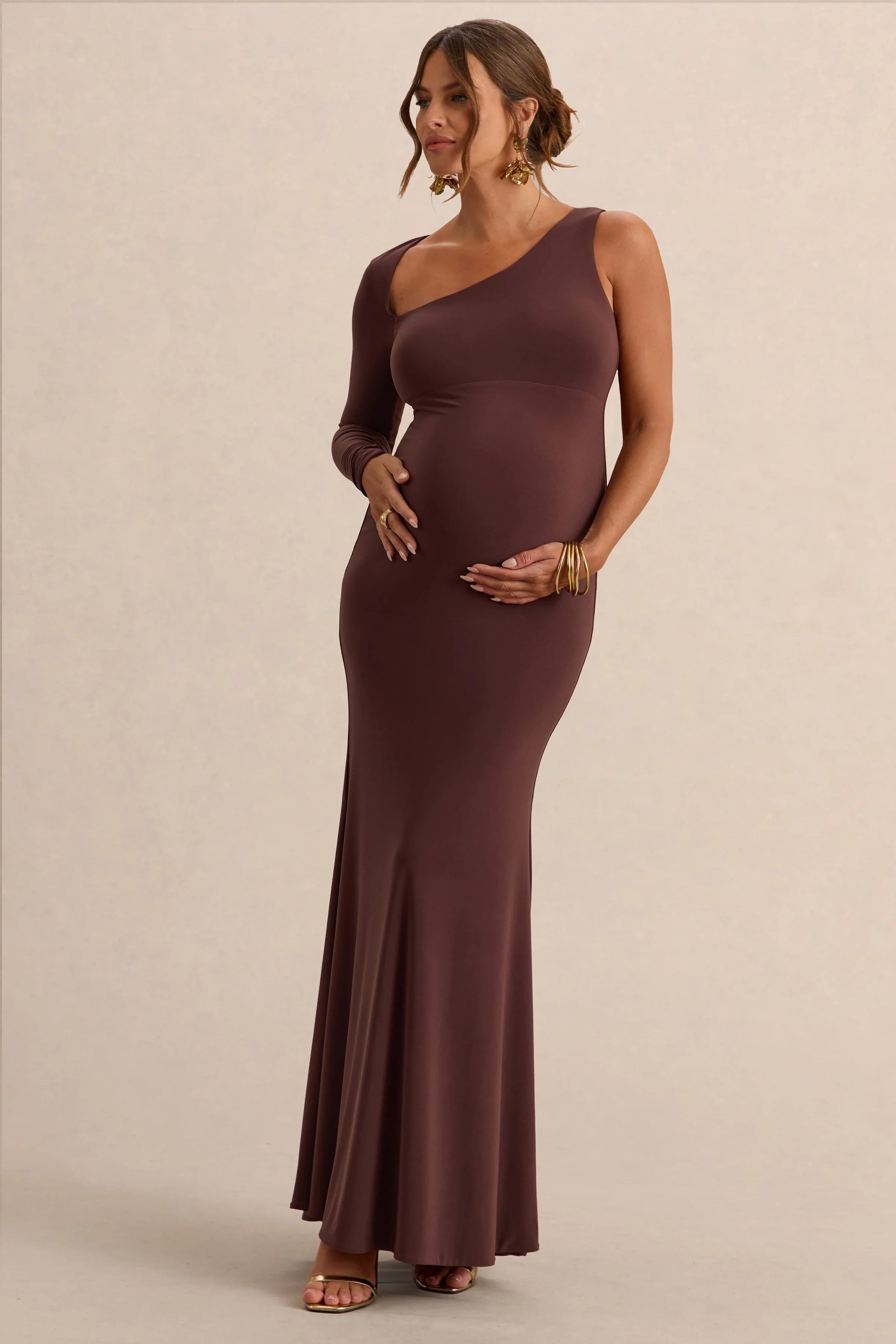 Oh Baby Brown Maternity One Shoulder Bodycon Maxi Dress