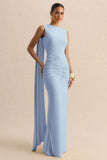 Premiere Powder Blue Boat Neck Maxi Dress With Cape Sleeves And Open Back