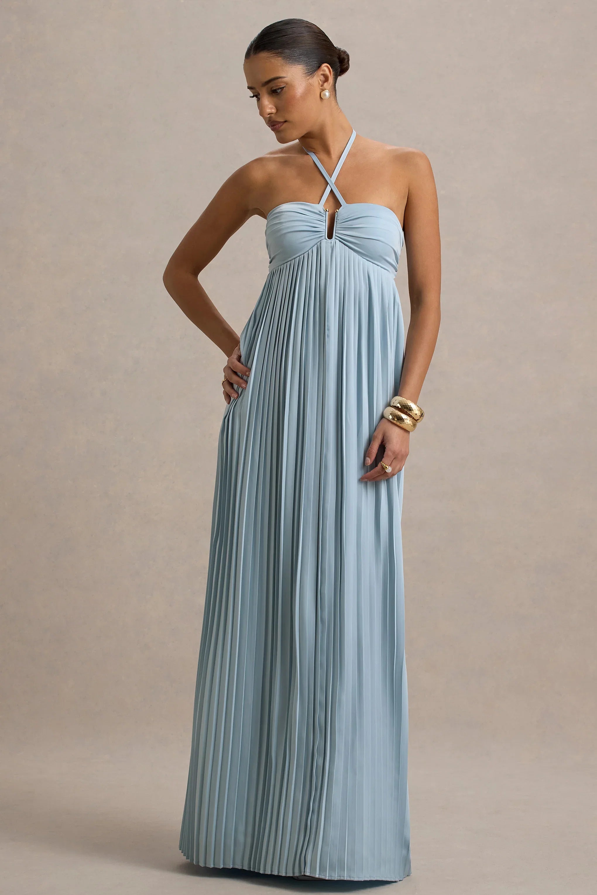 Elayne Powder Blue Halter Neck Maxi Dress With Cut Out Detail