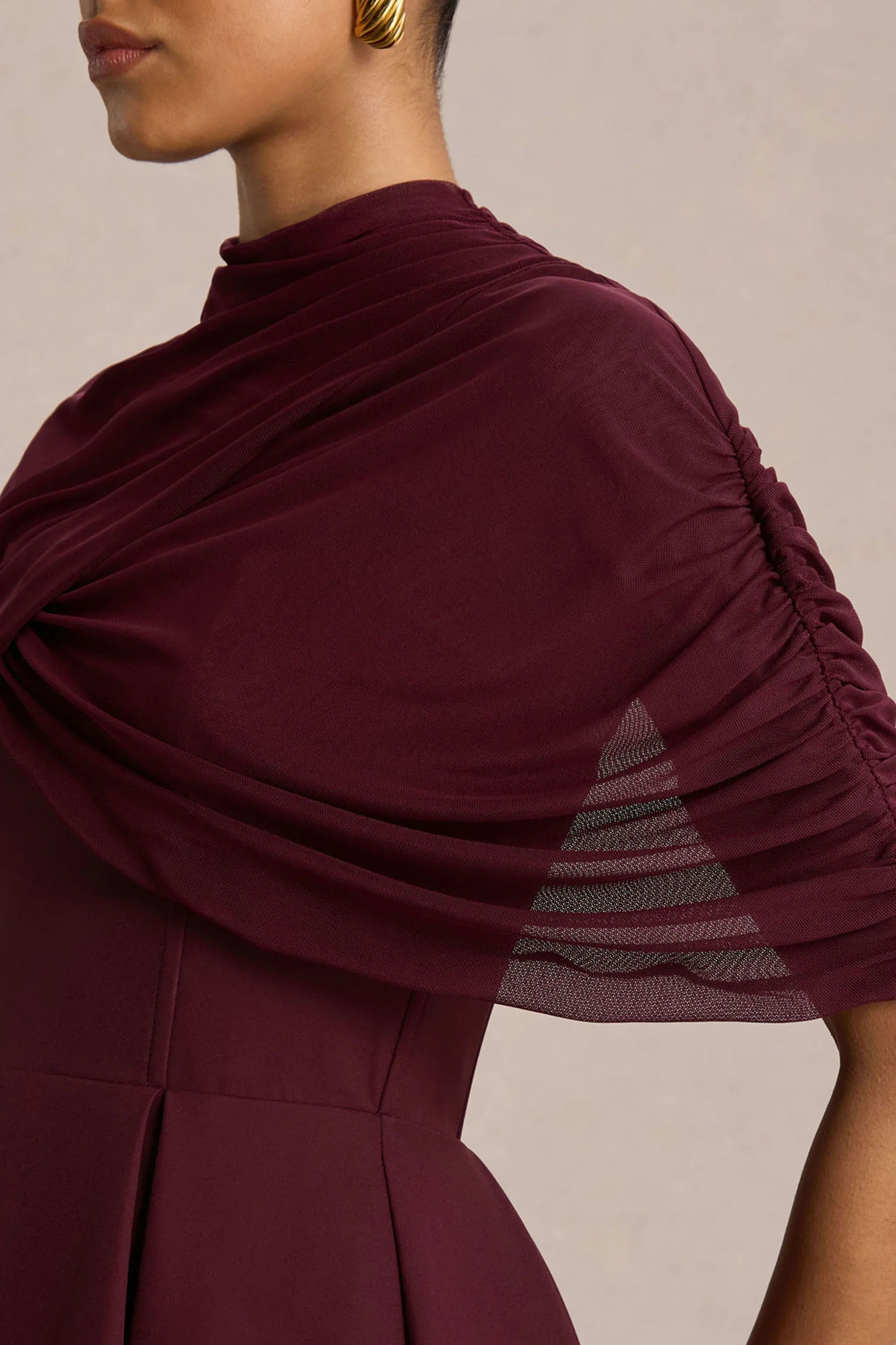 Thalia Burgundy High Neck Midi Dress With Sheer Mesh Cape