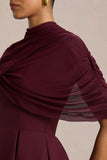 Thalia Burgundy High Neck Midi Dress With Sheer Mesh Cape