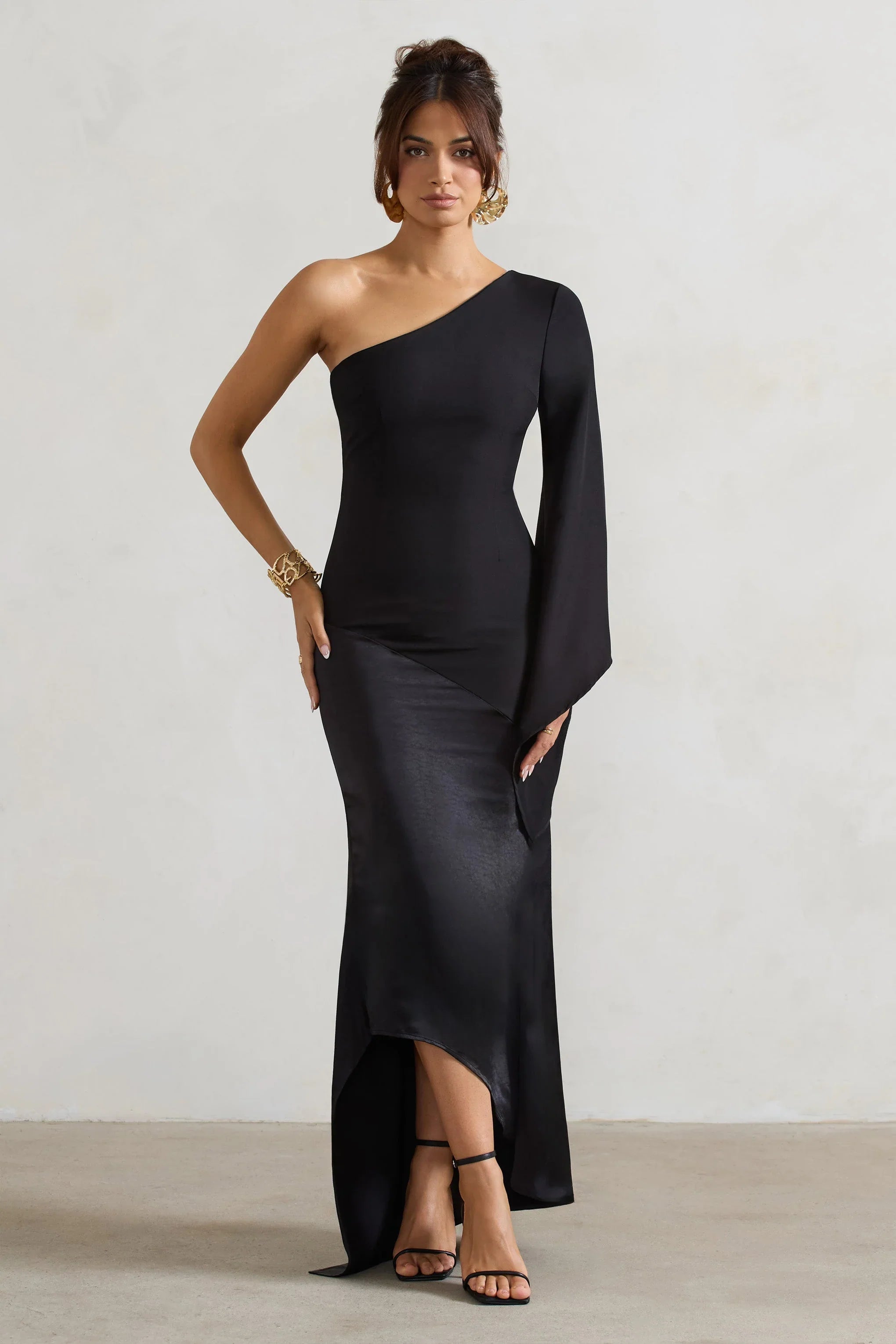 Salem Black Asymmetric Cape Sleeve Maxi Dress With Satin Skirt
