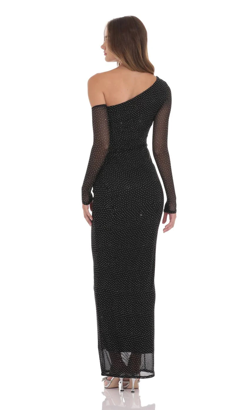 Off Shoulder Rhinestone Maxi Dress in Black