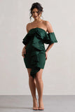 Aspen Bottle Green Bardot Mini Dress With Ruffles