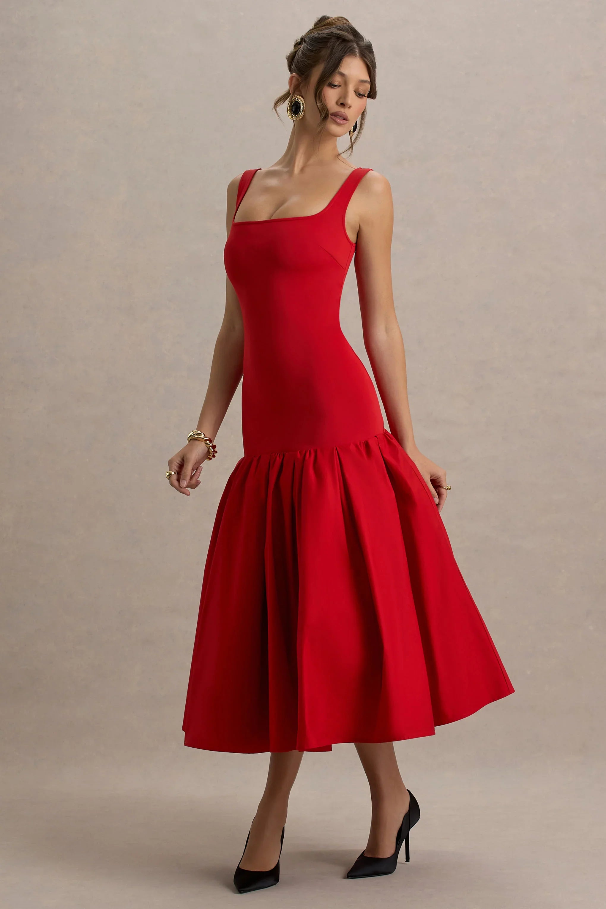 Parida Red Poplin Drop Waist Midi Dress With Peplum Hem
