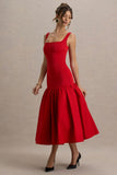 Parida Red Poplin Drop Waist Midi Dress With Peplum Hem