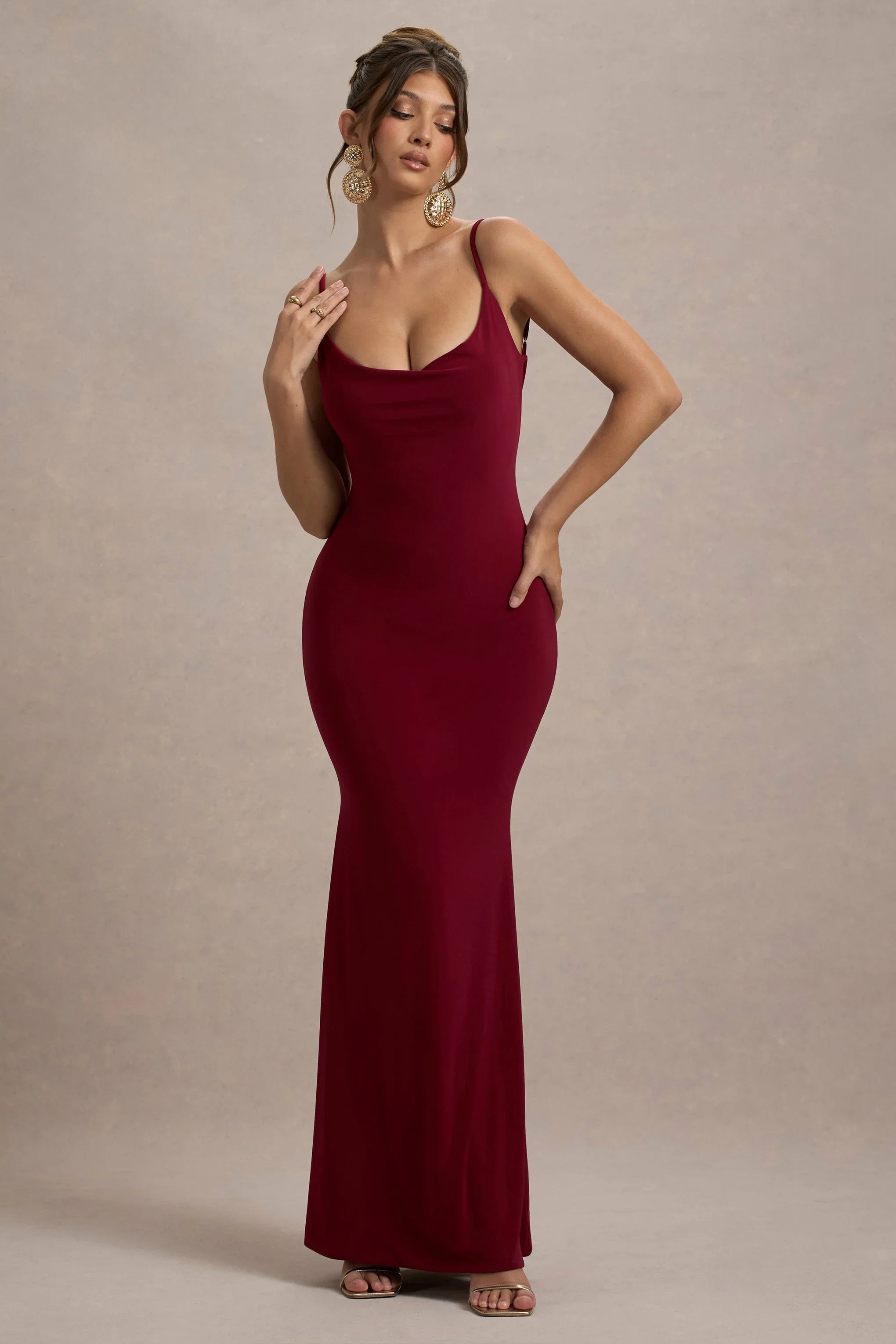 Francoise Berry Cowl Neck Backless Maxi Dress With Lace Insert