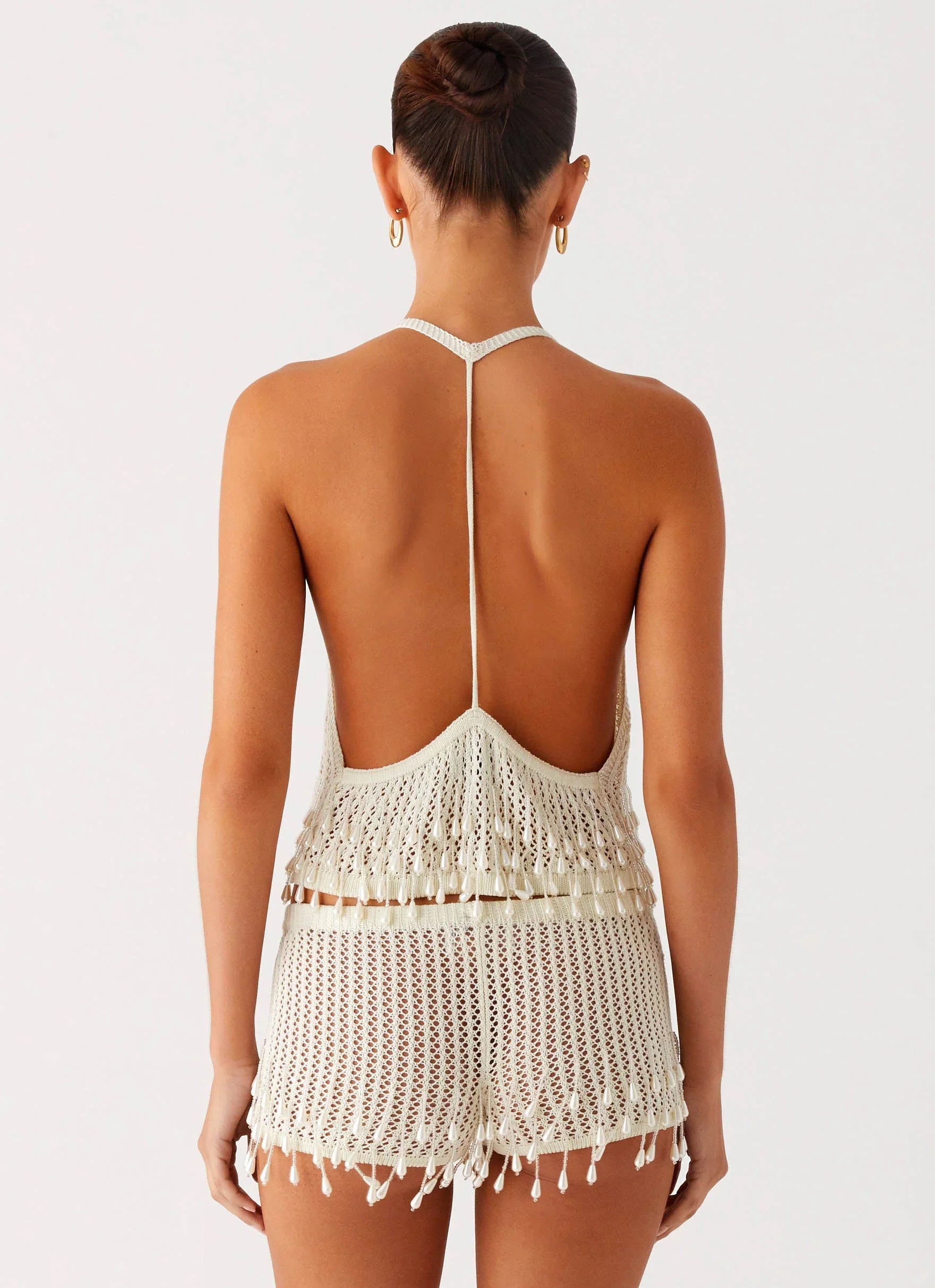 Pearl Shore Beaded Crochet Mini Shorts Ivory