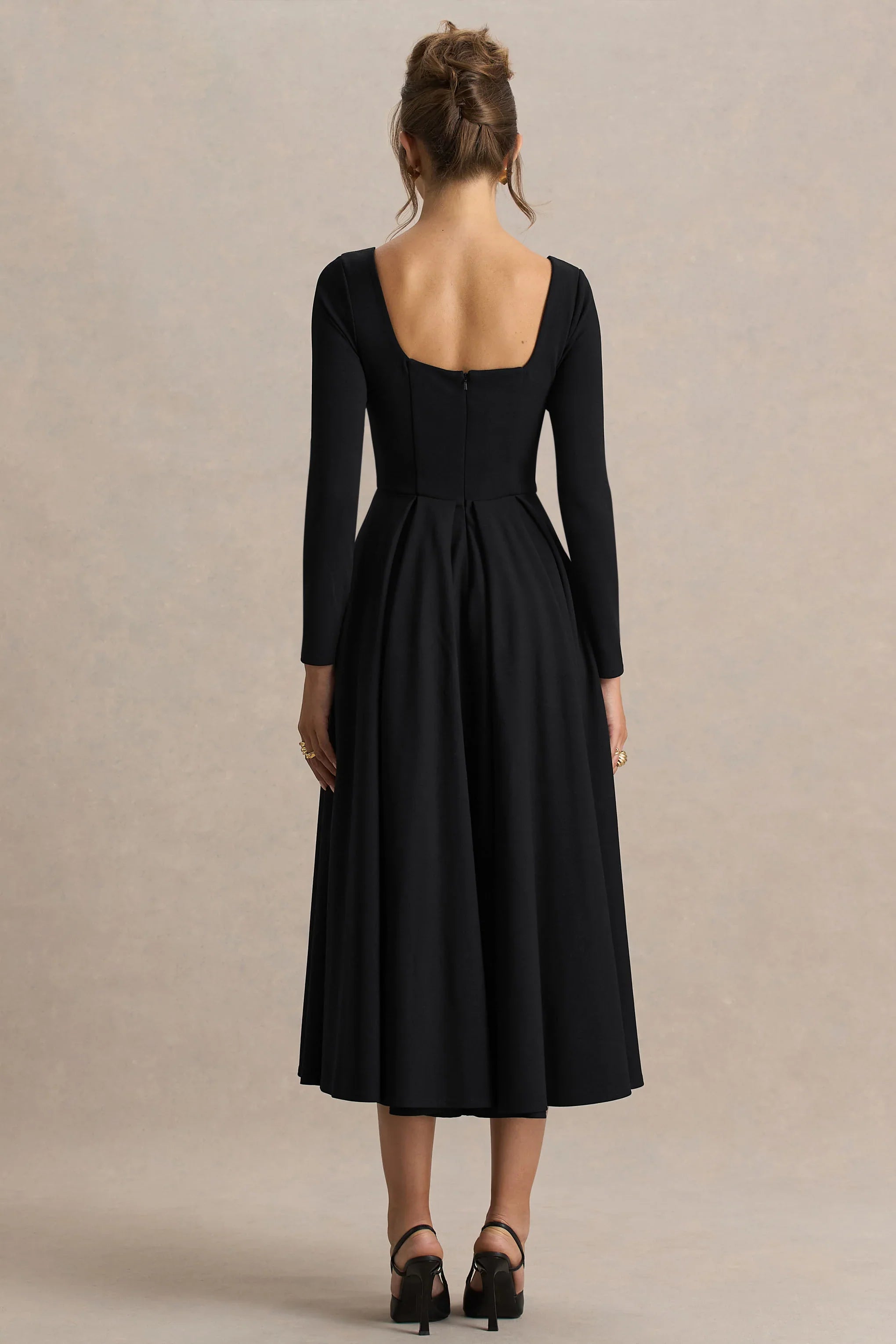 Alison Black Square Neck A Line Midi Dress