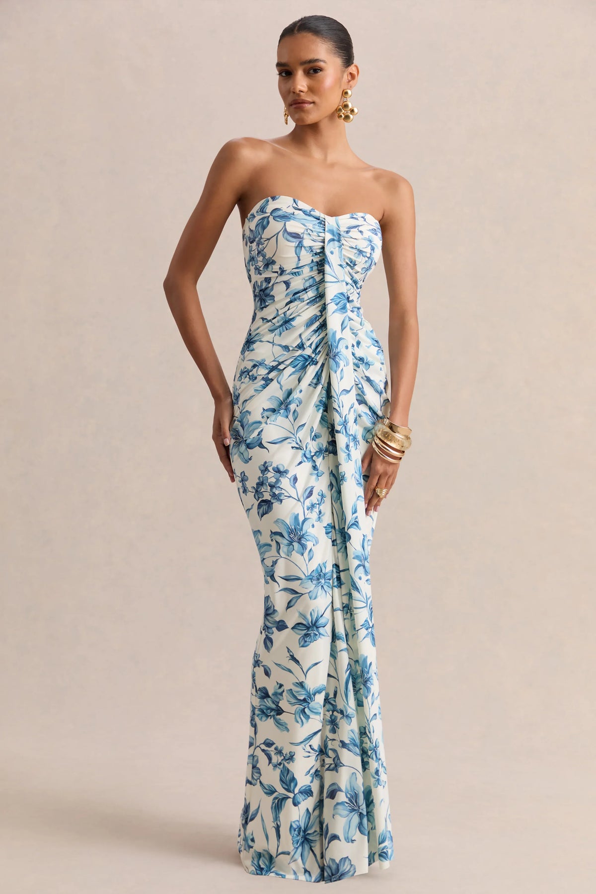Ali Blue Porcelain Print Sweetheart Ruched Wrap Maxi Dress