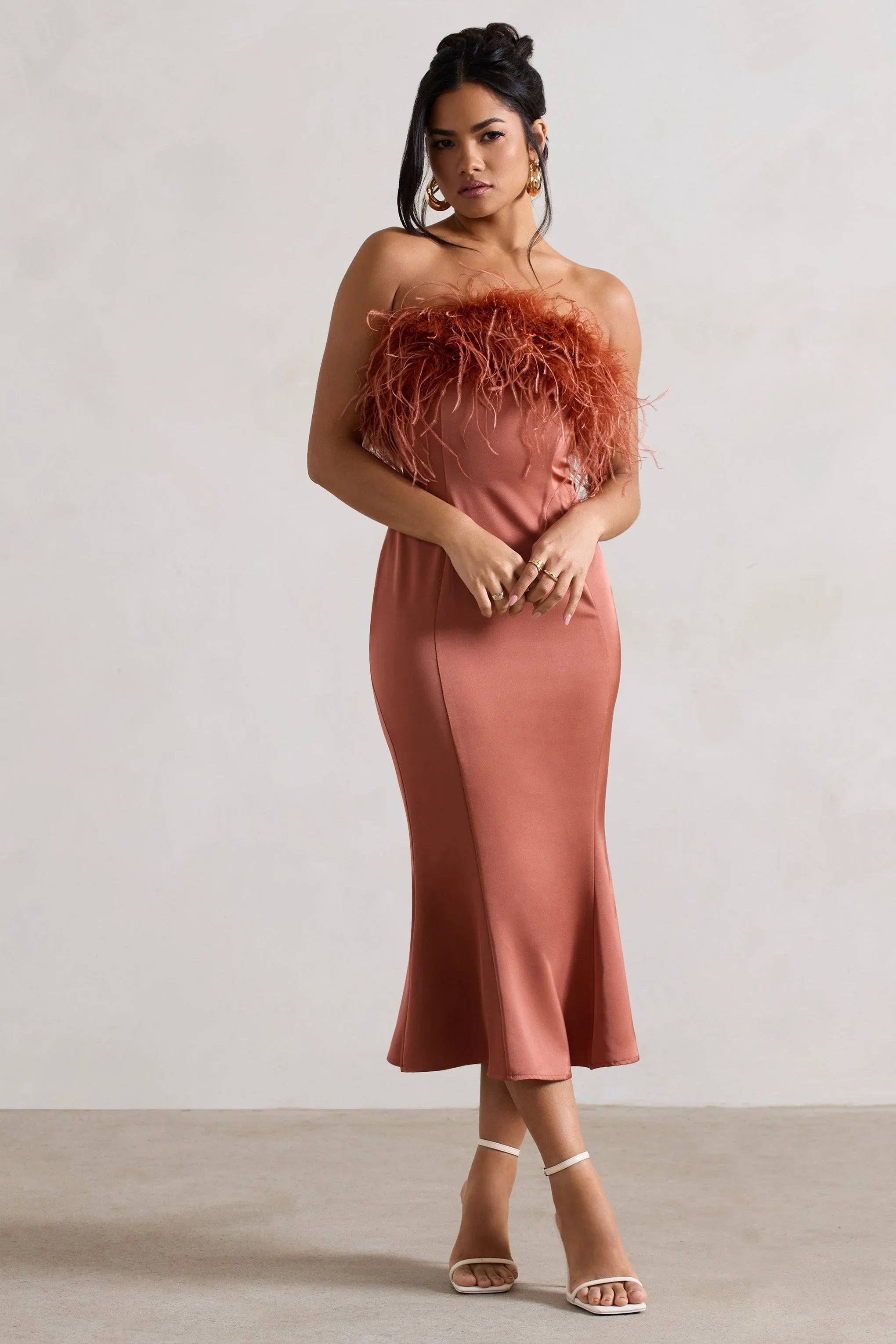 One And Only Rust Satin Feather Trim Bandeau Midi Dress