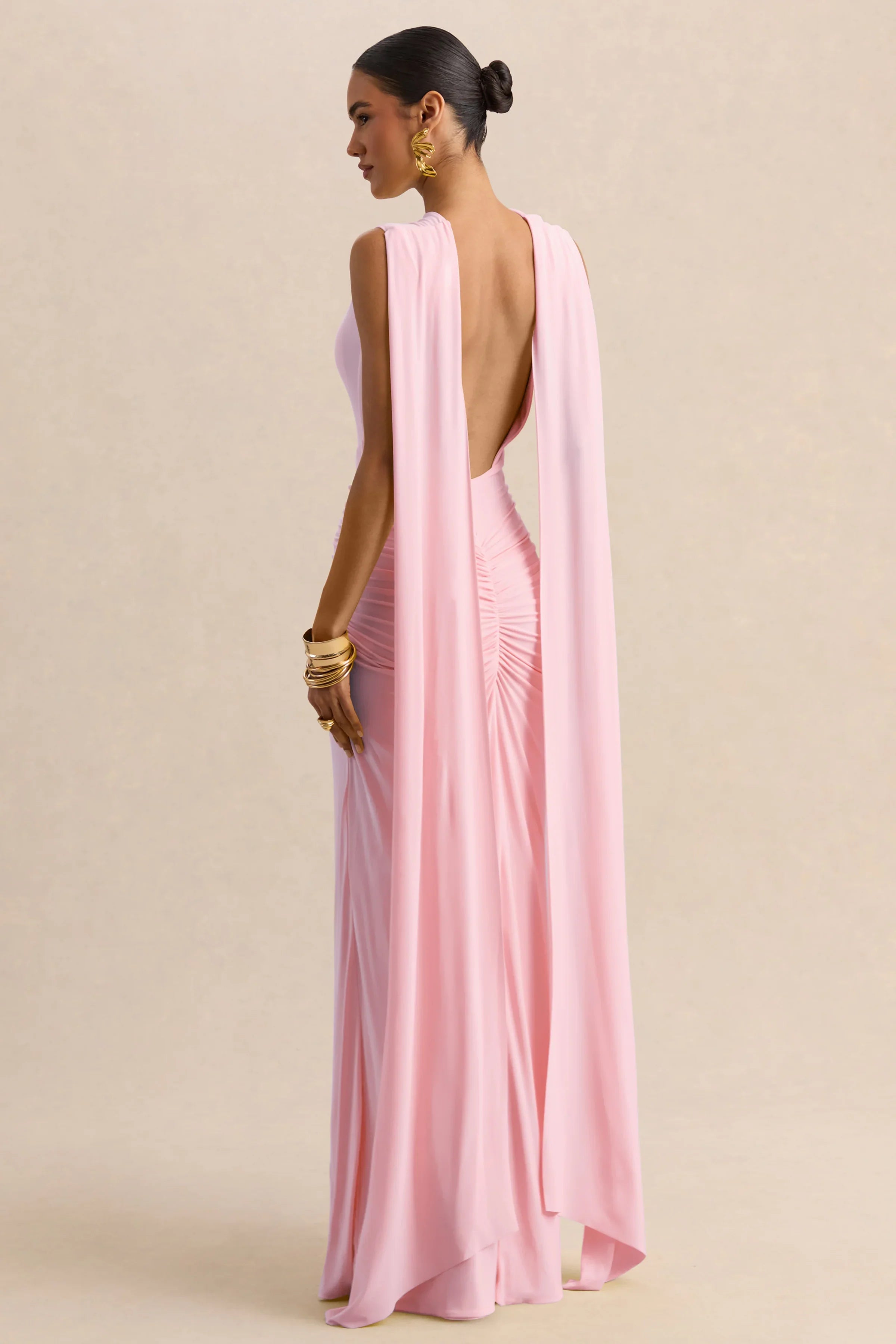 Premiere Light Pink Boat Neck Maxi Dress With Cape Sleeves And Open Back