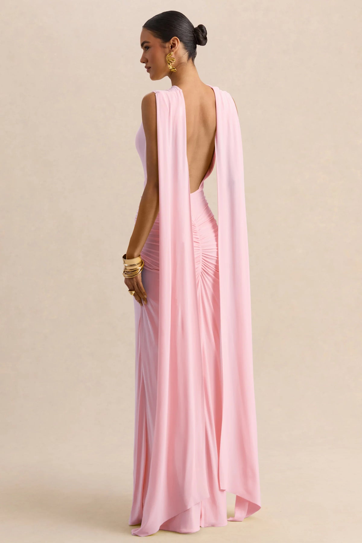 Premiere Light Pink Boat Neck Maxi Dress With Cape Sleeves And Open Back