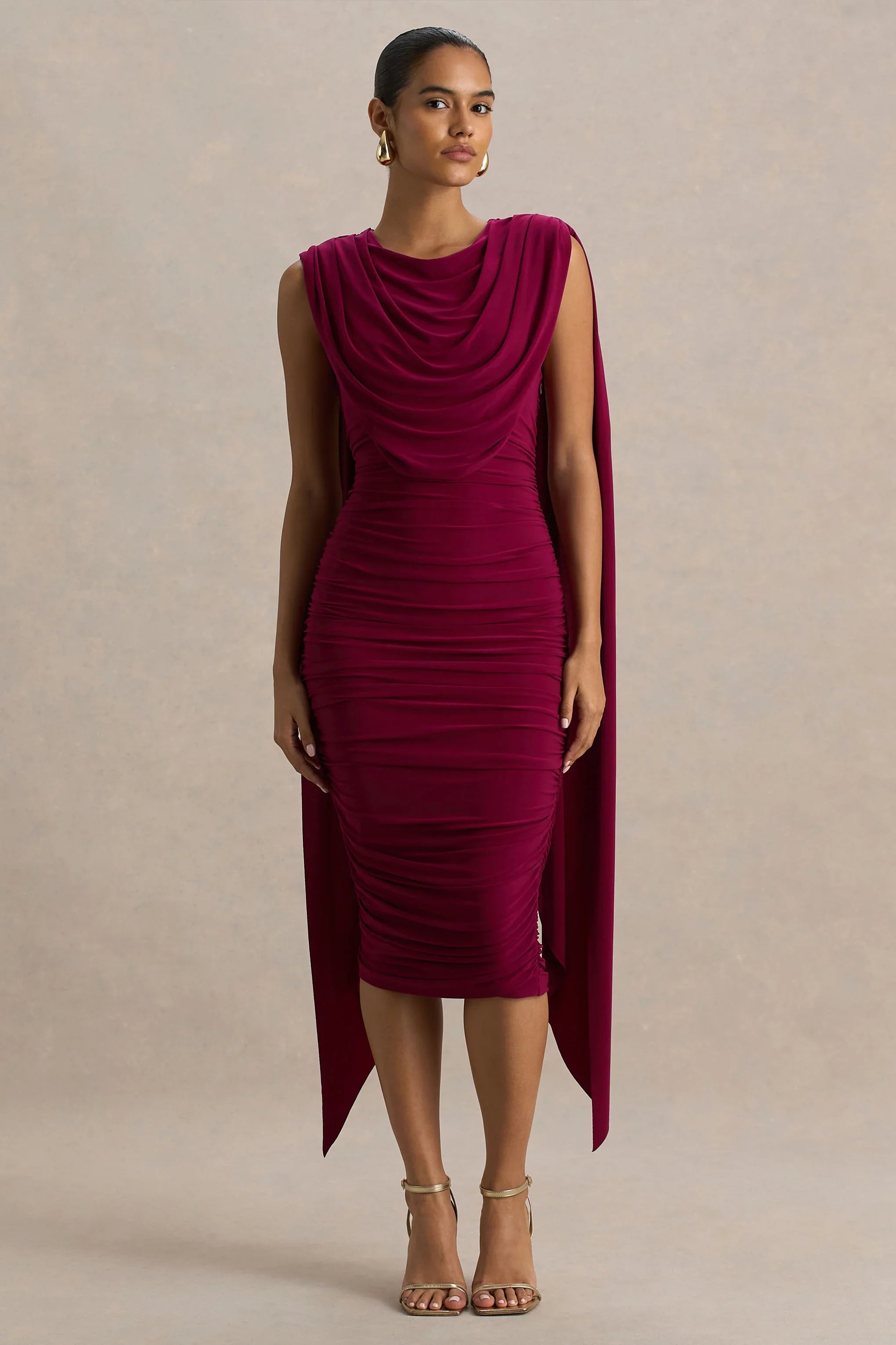 Wanderer Burgundy Crew Neck Midi Dress With Draped and Ruched Detailing