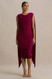 Wanderer Burgundy Crew Neck Midi Dress With Draped and Ruched Detailing
