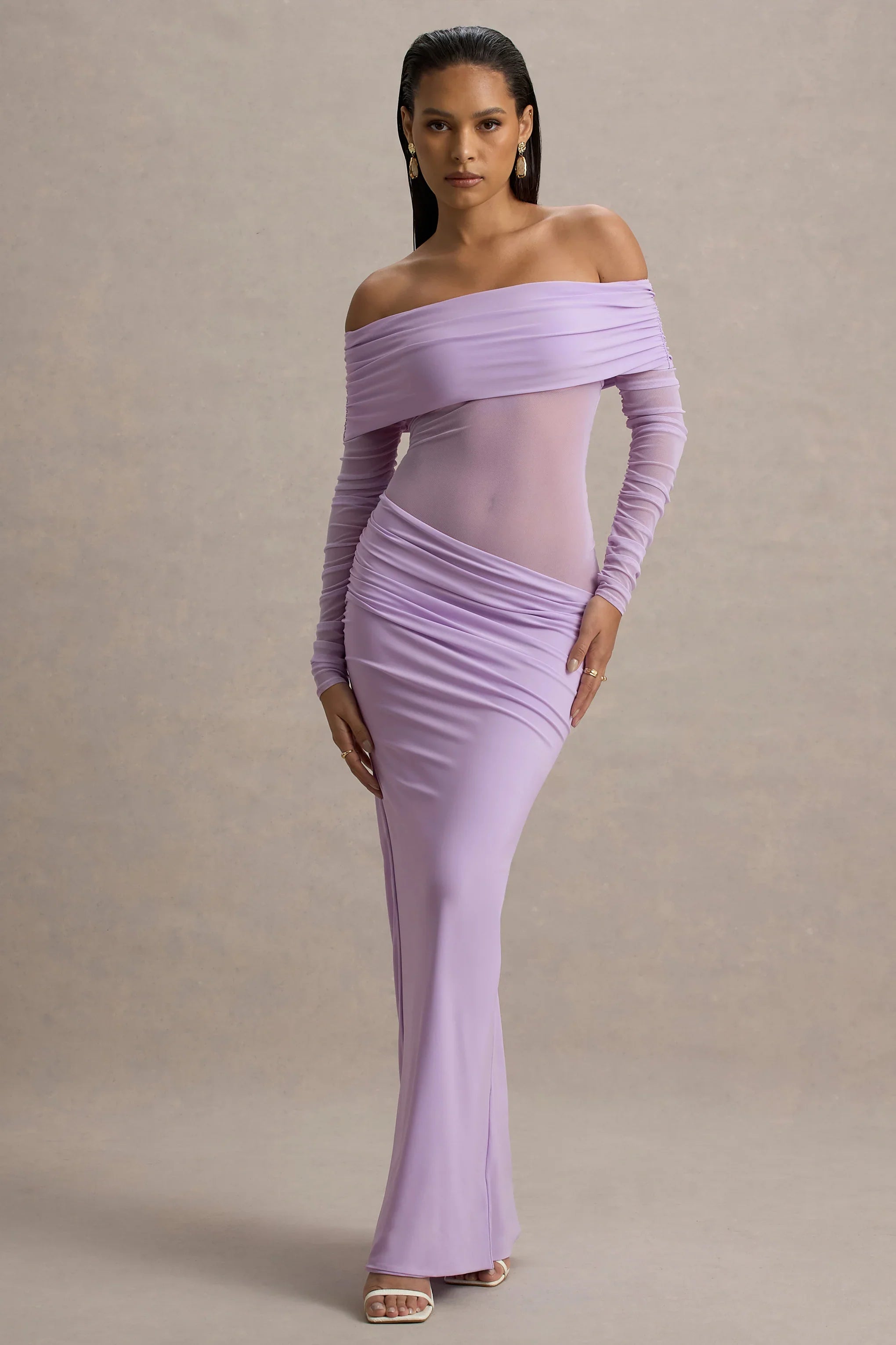 Belamour Lavender Semi Sheer Bardot Gathered Maxi Dress