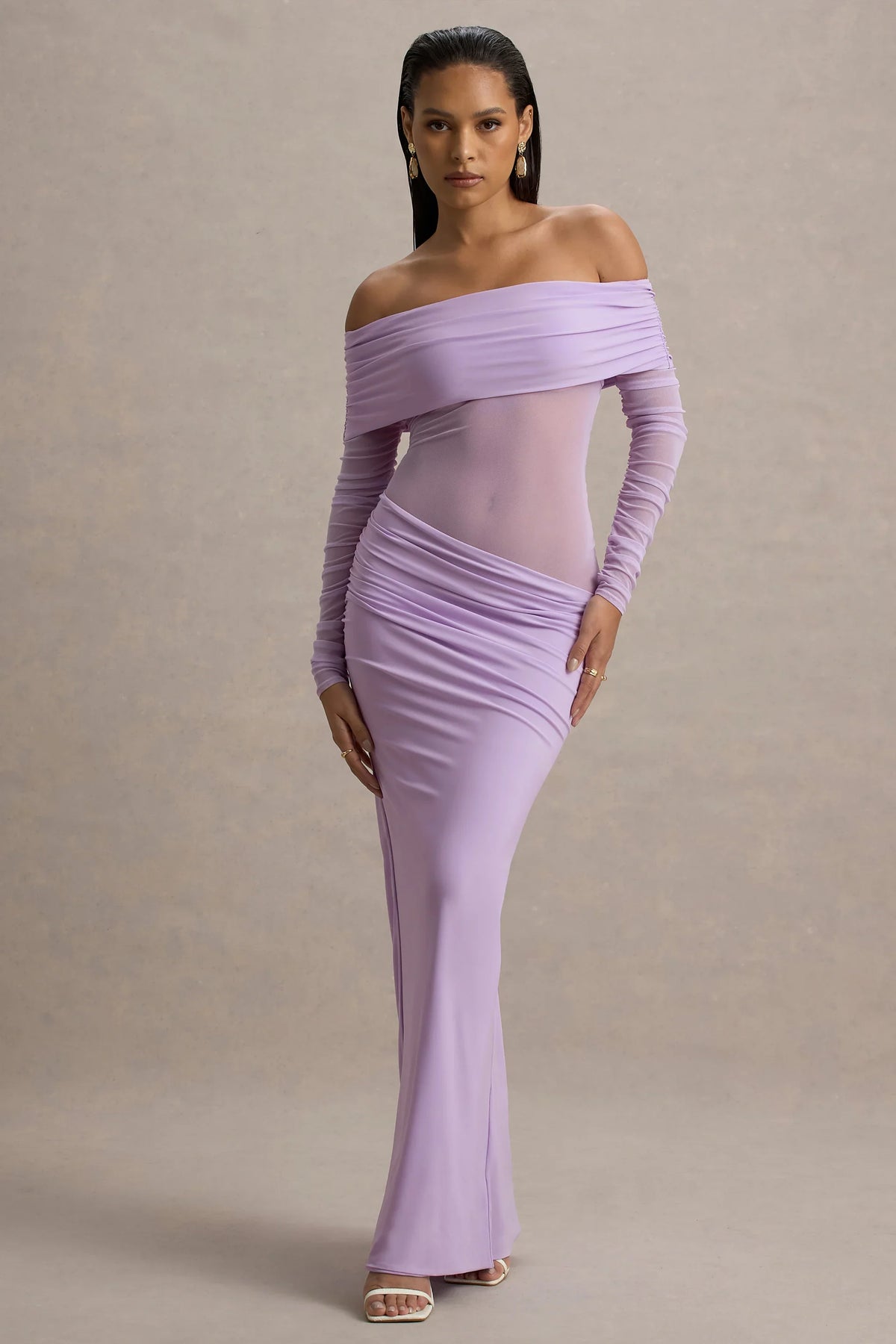 Belamour Lavender Semi Sheer Bardot Gathered Maxi Dress